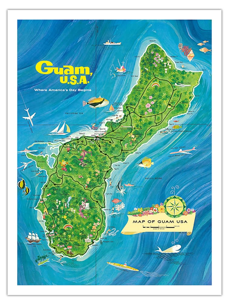 Vintage 1970s Guam USA Map - Alec Baird Pictorial Art Print on 290gsm Bamboo Paper (24x32in Unframed) - Perfect for Home Decor, Office Wall Art & Travel Enthusiast Gifts