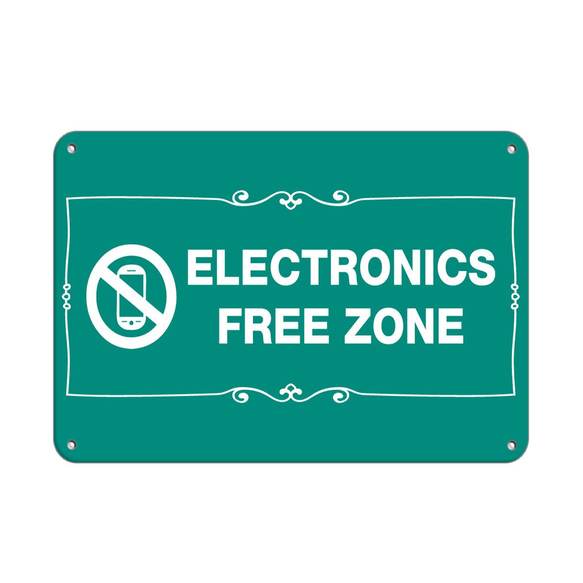 Aluminum Horizontal Metal Sign - No Cell Phones Electronics Free Zone Business Sign - Weatherproof Green Street Signage (24x18 Inches) - Perfect for Offices, Schools & Public Spaces
