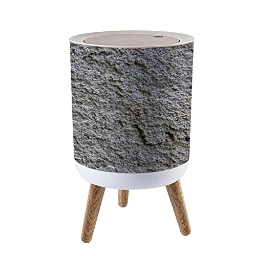 Small Trash Can with Lid - Wooden Legs & Press Cover Round Waste Bin for Kitchen, Bathroom, Bedroom & Office | Concrete Texture Design | Perfect for Home, Office & Commercial Spaces