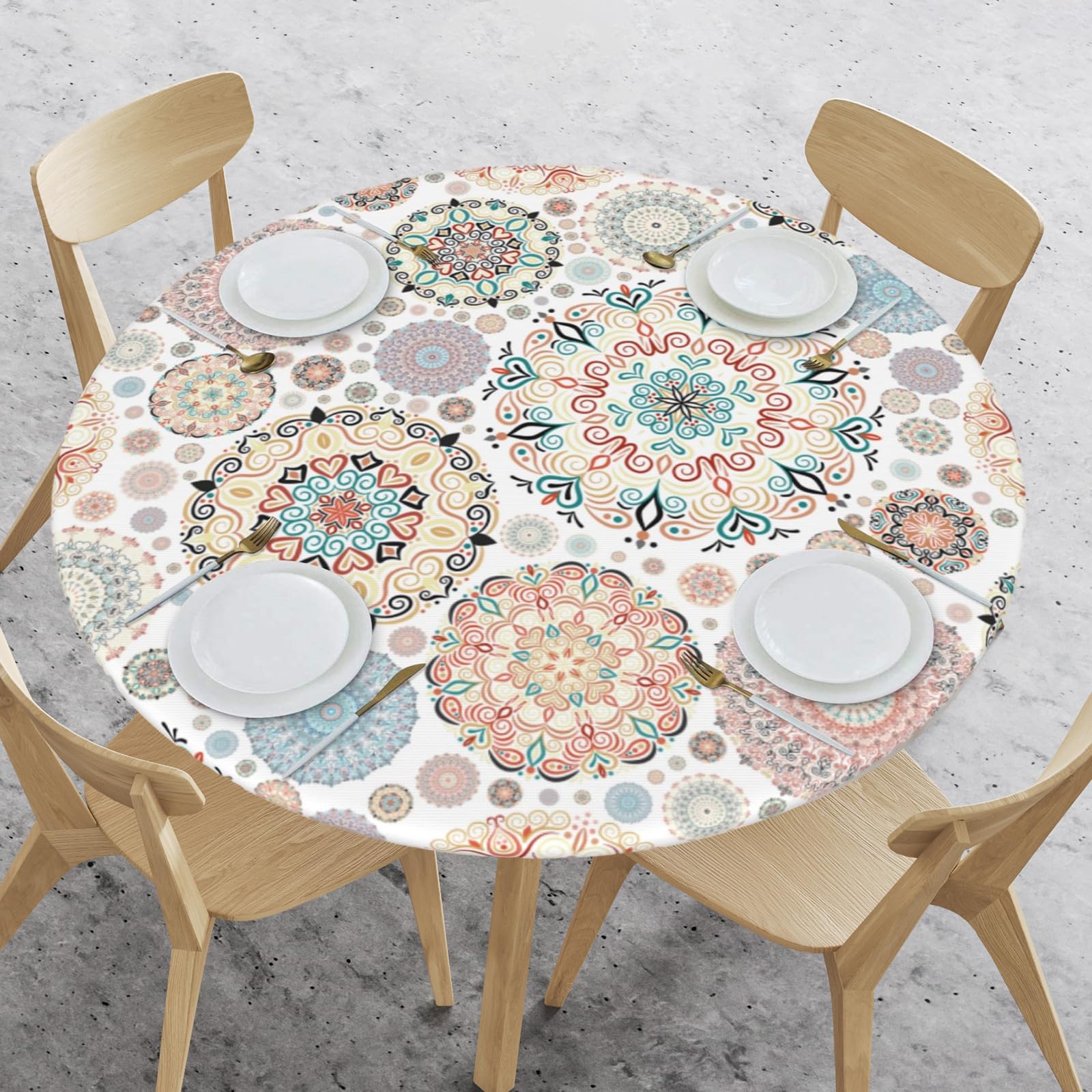 WOAIDY Elastic Edged Round Bohemian Fitted Tablecloth Cover - Stretchable Decorative Table Cloth for Indoor Outdoor Kitchen Dining Party - Fits 40