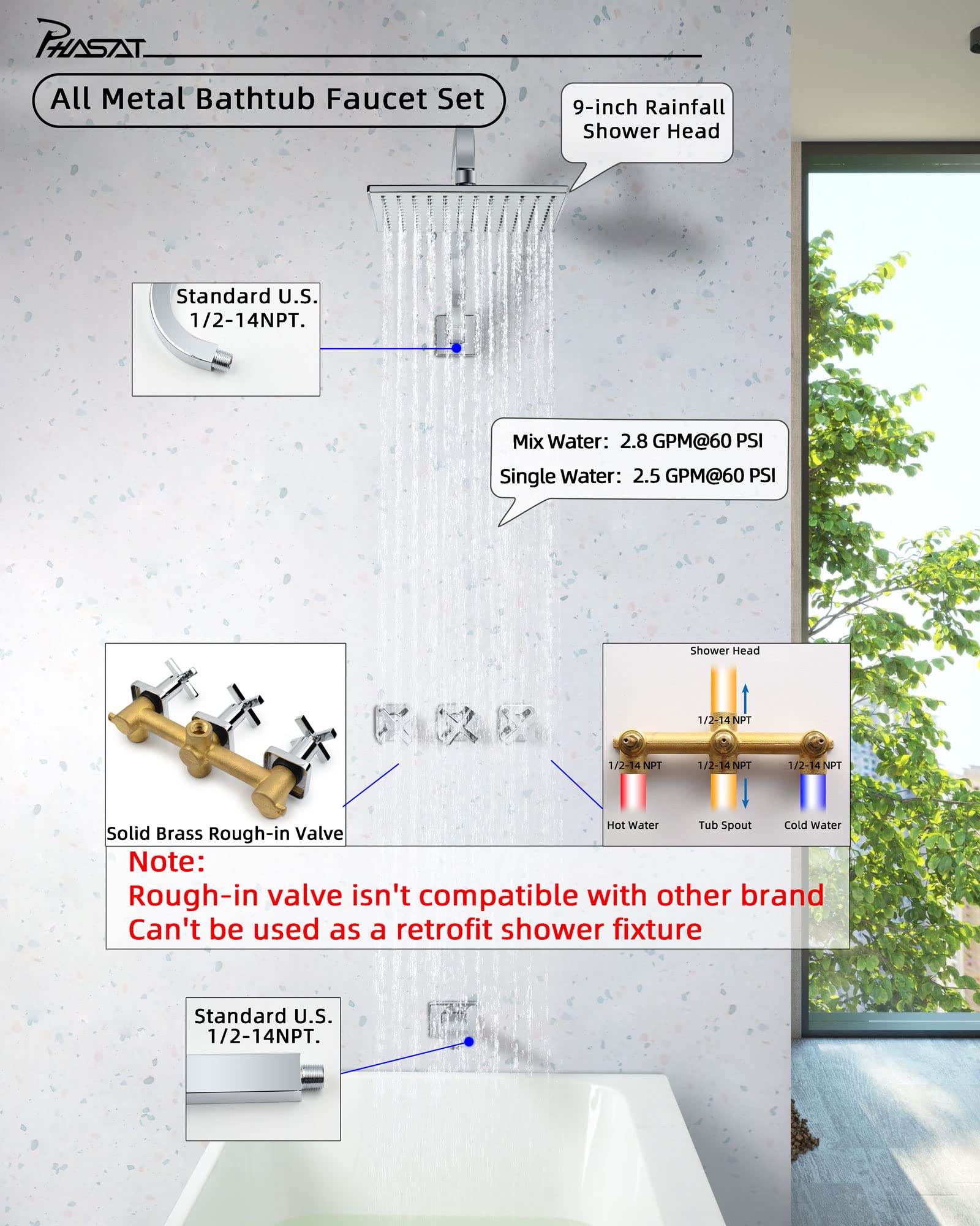 PHASAT 3-Handle Tub and Shower Faucet Set with 9