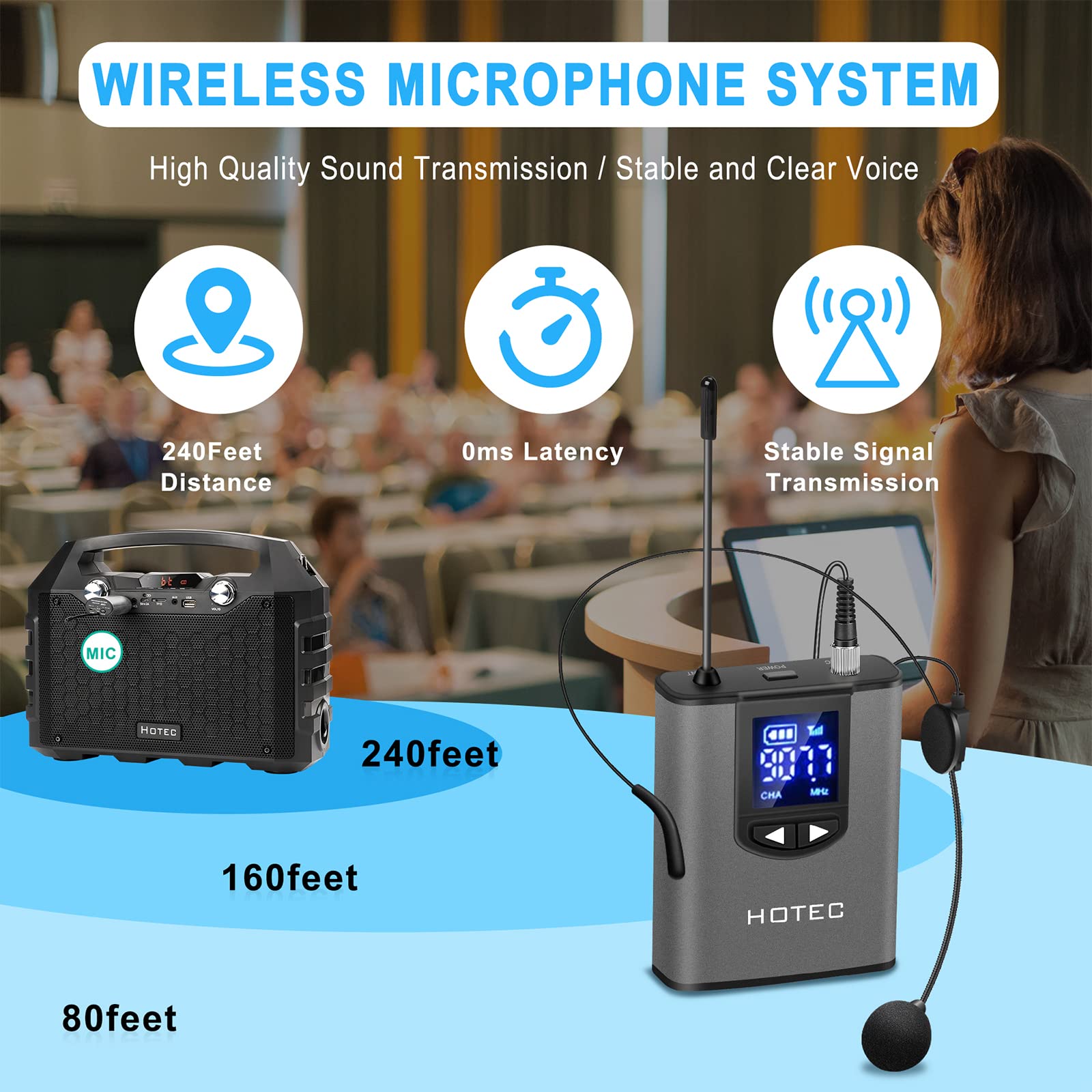 Hotec Professional Wireless Microphone System - Dual Headset & Lavalier Lapel Mics with Bodypack Transmitters & Rechargeable Mini Receiver (1/4