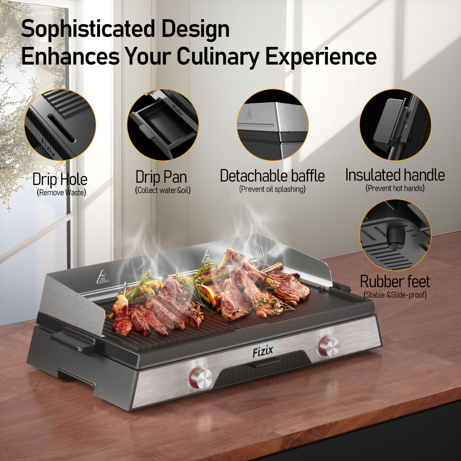 Fizix 1600W Electric Griddle Nonstick - Adjustable Temperature Control for Pancakes, Skillets & More - Indoor & Outdoor Use - Large 110V Black Griddle Pan - Perfect for Camping, BBQs & Family Breakfasts