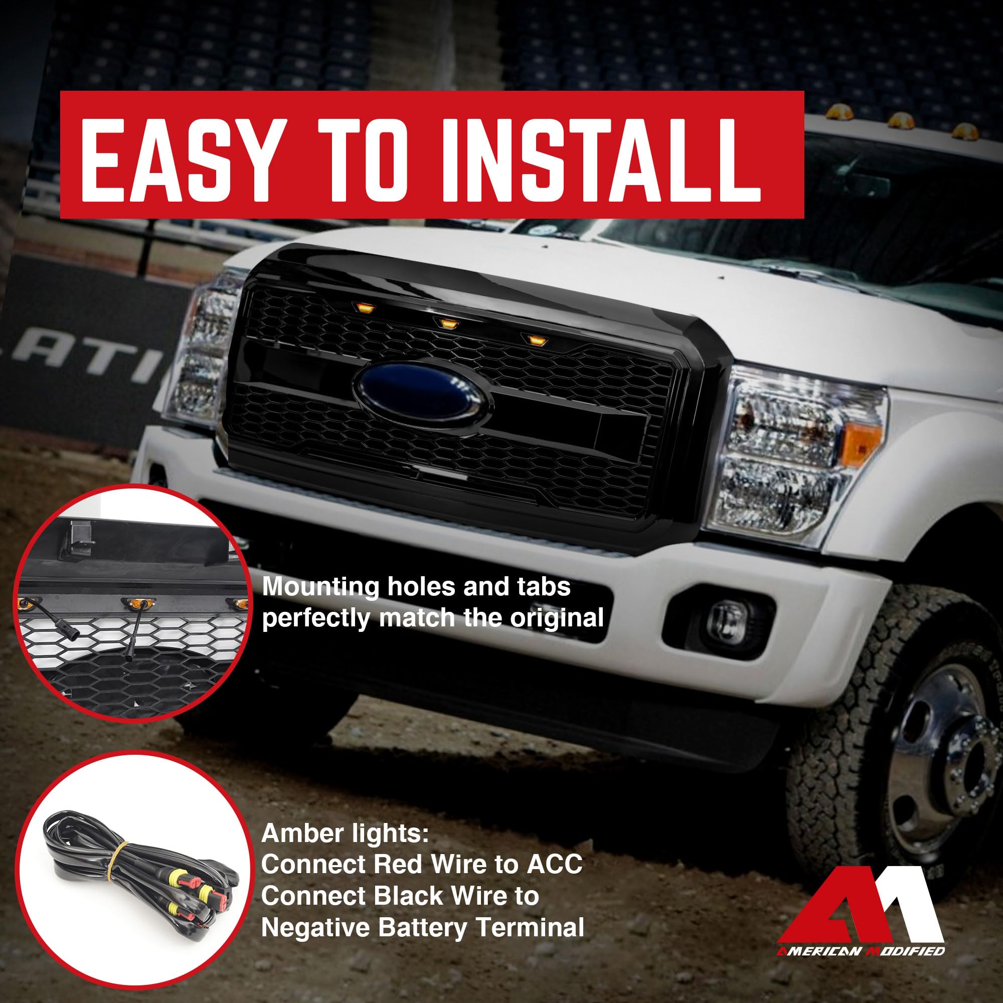 **2011-2016 Ford F250 F350 F450 F550 Raptor Style Front Grille with Amber LED Lights & Emblem Base - Glossy Black | Off-Road & Truck Customization Upgrade**    *(Use Case: Enhance your Ford Super Duty truck's aggressive look and visibility with this durable Raptor-style grille, perfect for off-roading, truck shows, or daily driving.)*