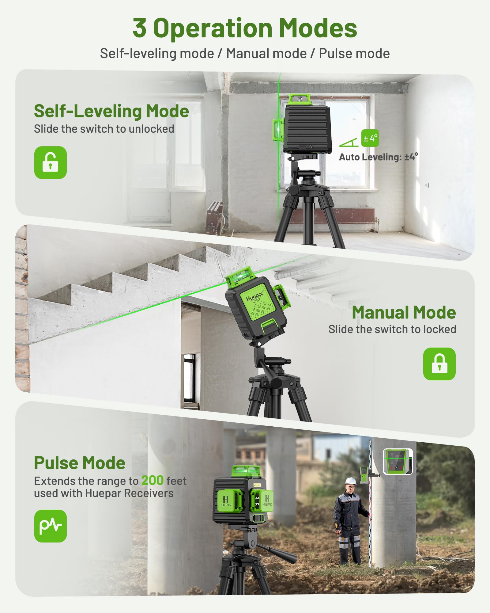 Huepar Professional 3D Laser Level 360° Self-Leveling Green Beam - 3x360 Cross Line Laser Level Tool with Li-ion Battery, Type-C Charging & Hard Carry Case - Perfect for Construction, Floor Tiling, and Wall Alignment (B03CG)