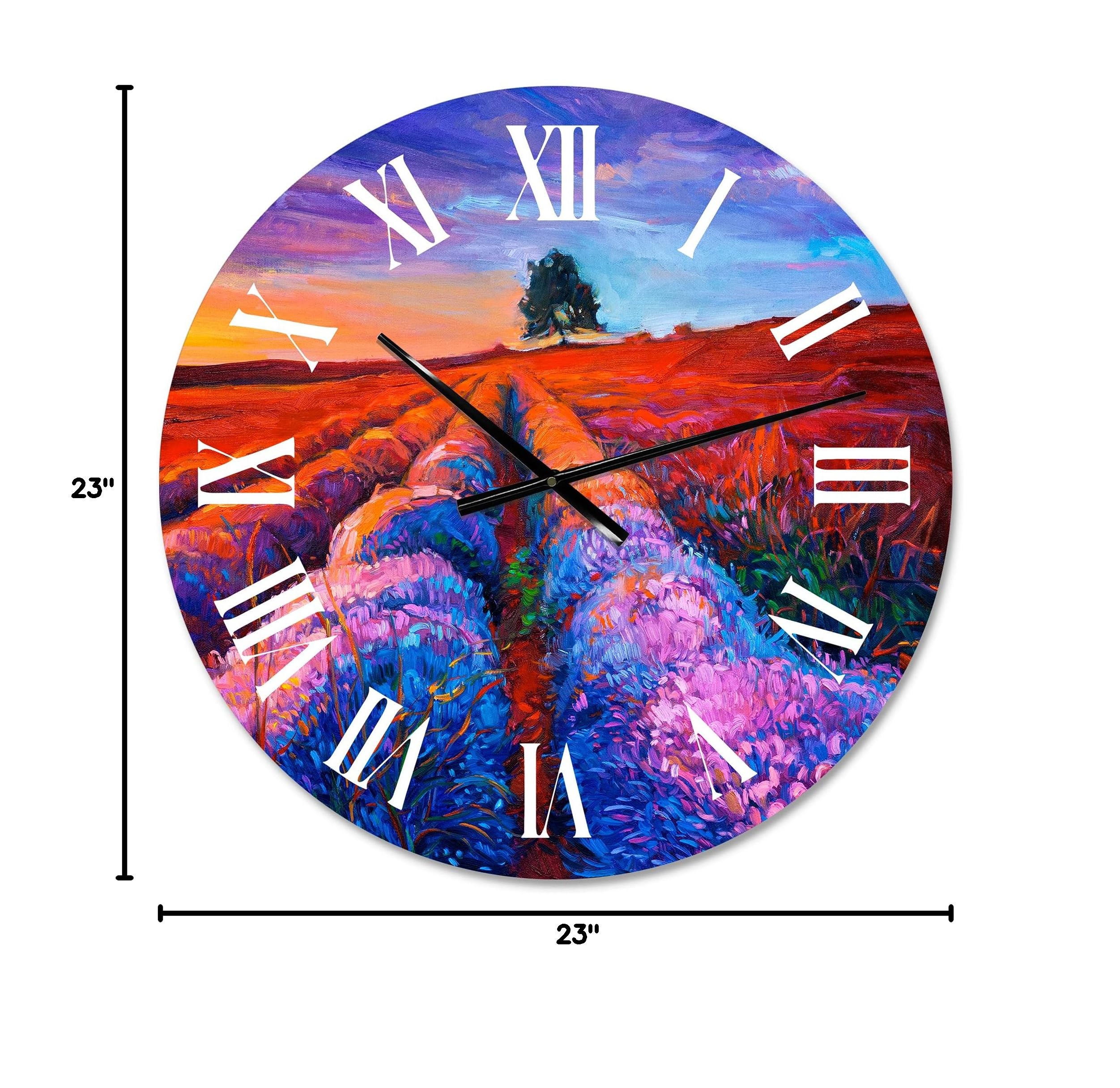 DesignQ Farmhouse Wall Clock - Large Lavender Fields Landscape with Distant Tree & Sunset Glow - Rustic Home Decor for Living Room, Bedroom & Kitchen