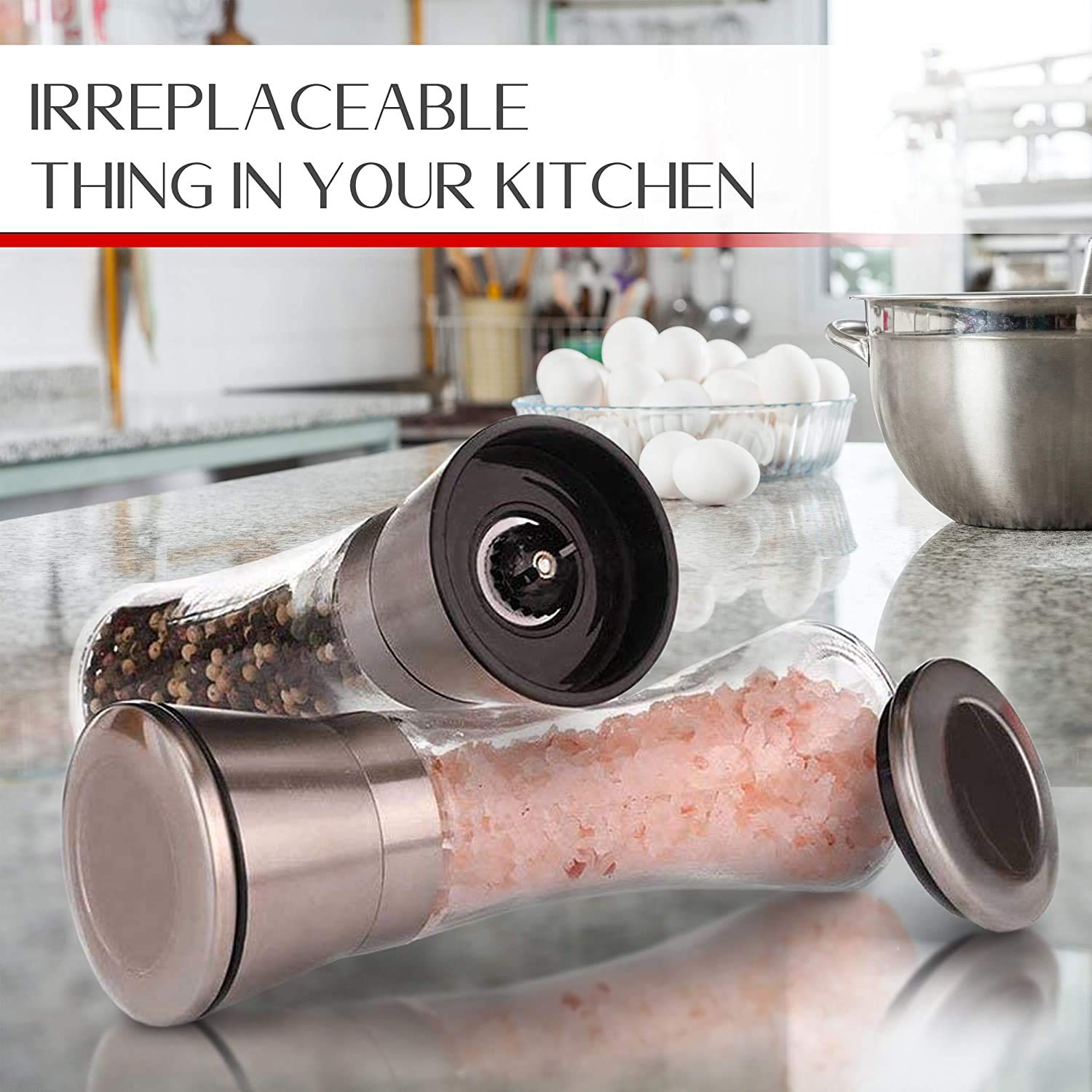 Premium Stainless Steel Salt and Pepper Grinder Set - Adjustable Coarseness, Brushed Metal & Glass Body - 3 Pack for Kitchen, Dining Table & BBQ - Perfect for Home Cooking, Restaurants & Outdoor Grilling
