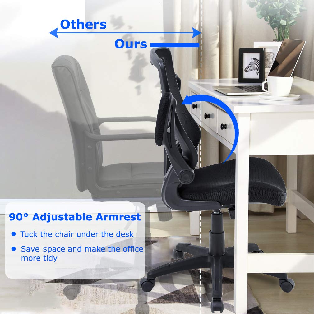 Ergonomic Mesh Office Chair with Lumbar Support & Flip-Up Arms - Adjustable Swivel Rolling Computer Desk Chair for Home Office, Adults & Women - Perfect for Long Work Hours, Gaming & Remote Work (Black)