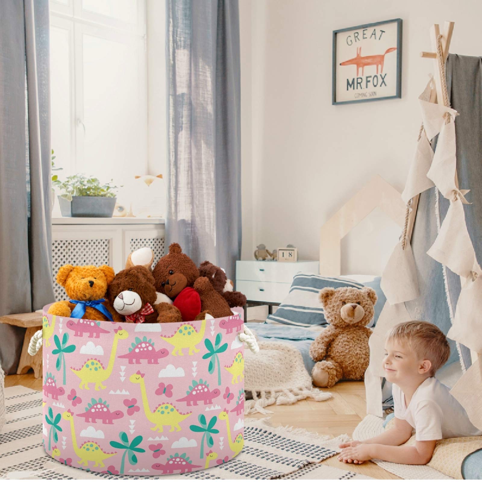 Visesunny Collapsible Large Capacity Storage Basket - Durable Cotton Handles for Clothes, Toys, Laundry (Yellow, Pink, Dinosaur & Butterfly Patterns) | Perfect for Home Organization in Bathroom, Bedroom, Nursery & Closet