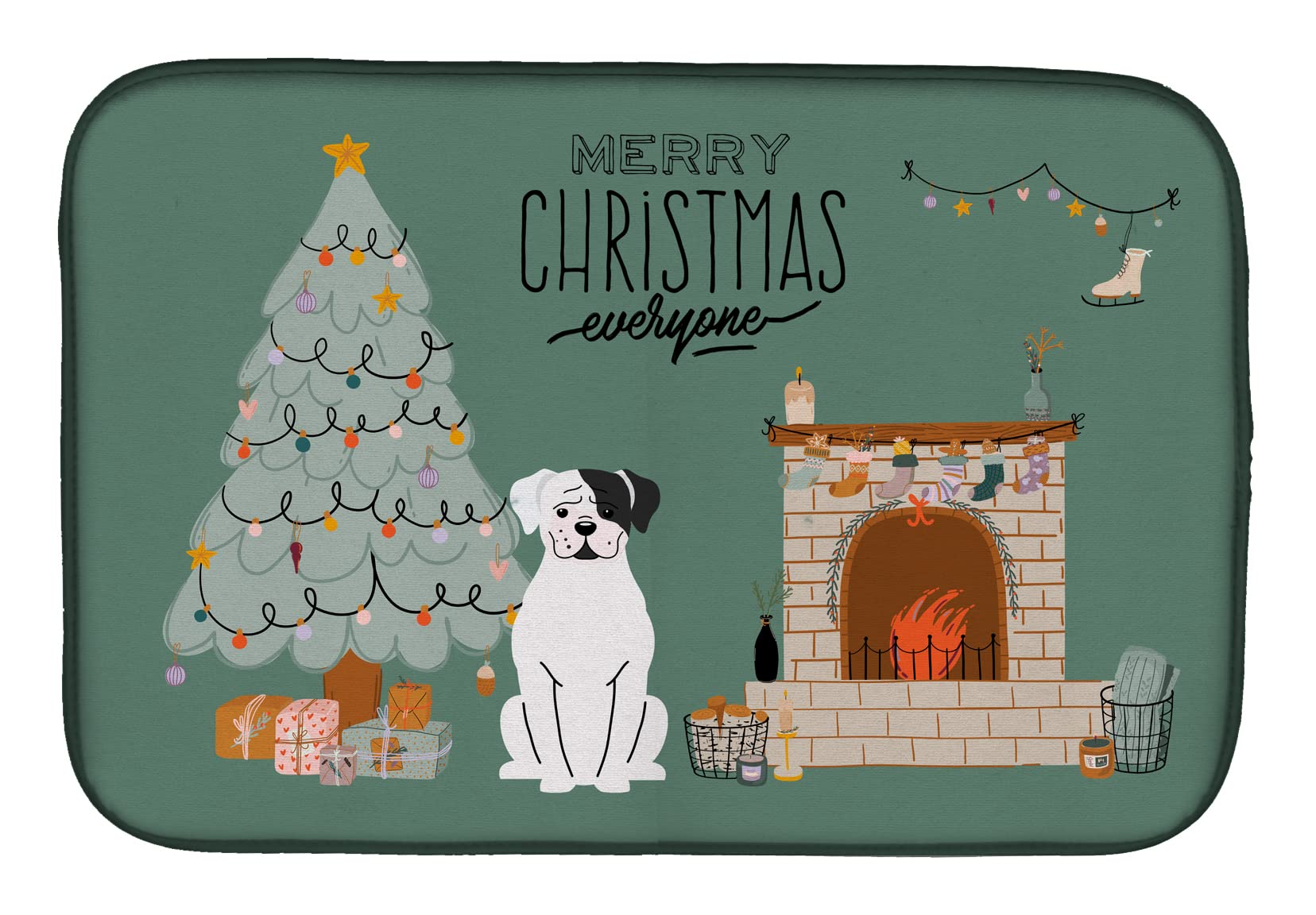 White Boxer Christmas Dish Drying Mat - Absorbent Kitchen Counter Pad (14x21