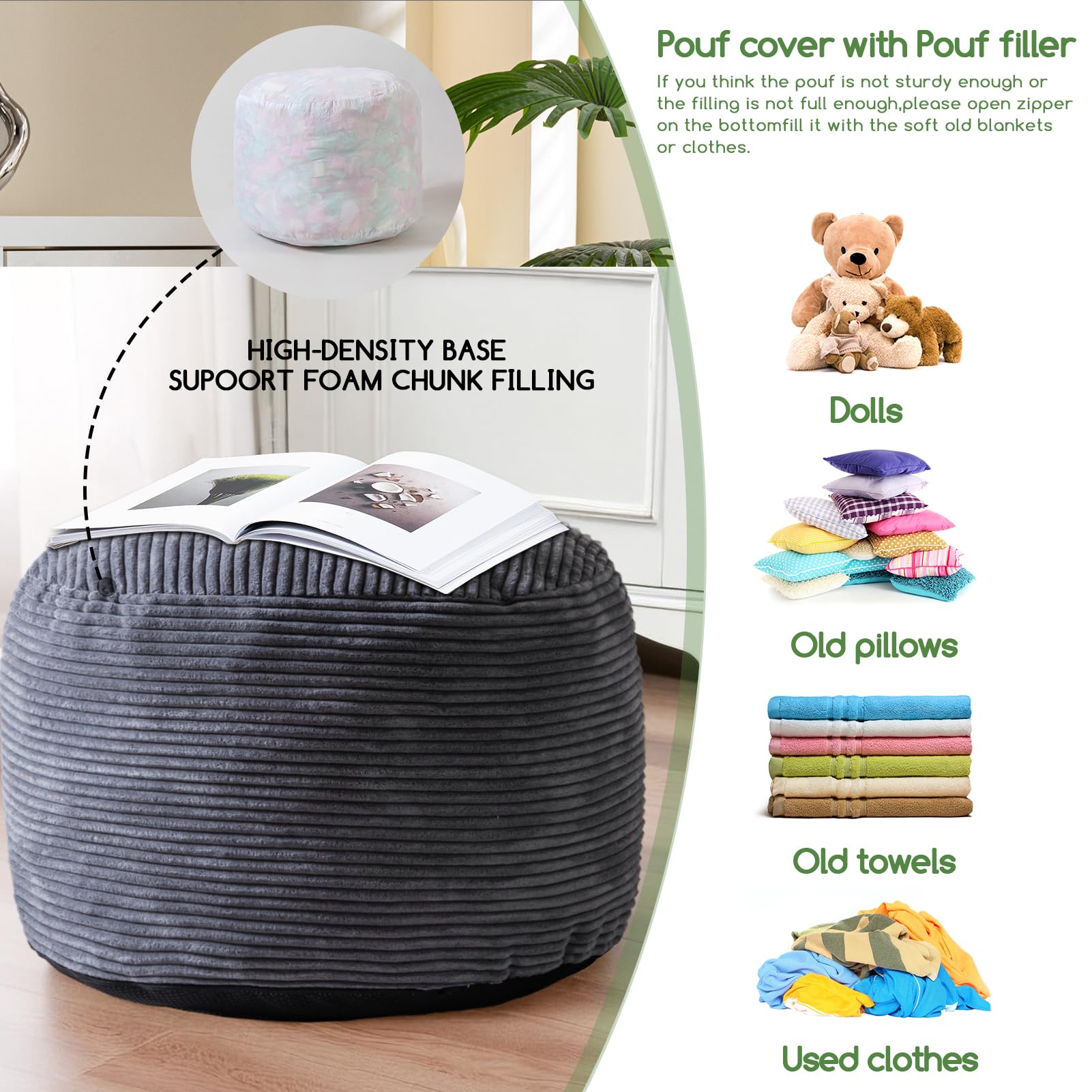 MAXYOYO Round Stuffed Pouf Ottoman - Corduroy Foam Filled Footrest, 20 x 15 Inch Dark Grey - Perfect for Living Room, Bedroom & Nursery Decor