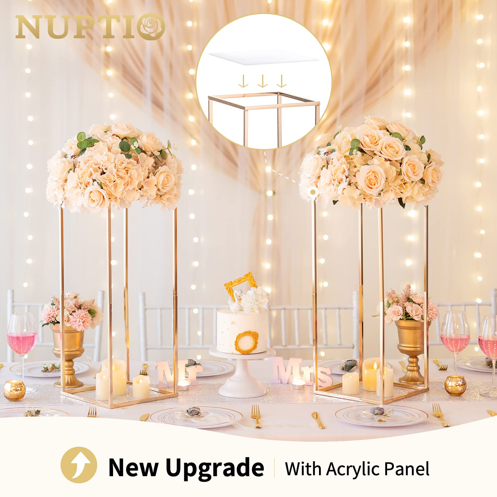 NUPTIO 10-Pack 23⅝ Inch Tall Gold Metal Vase Column Stands with Acrylic Panels - Elegant Wedding Centerpieces, Flower Stands for Table Decorations - Perfect for Weddings, Parties, Banquets & Special Events
