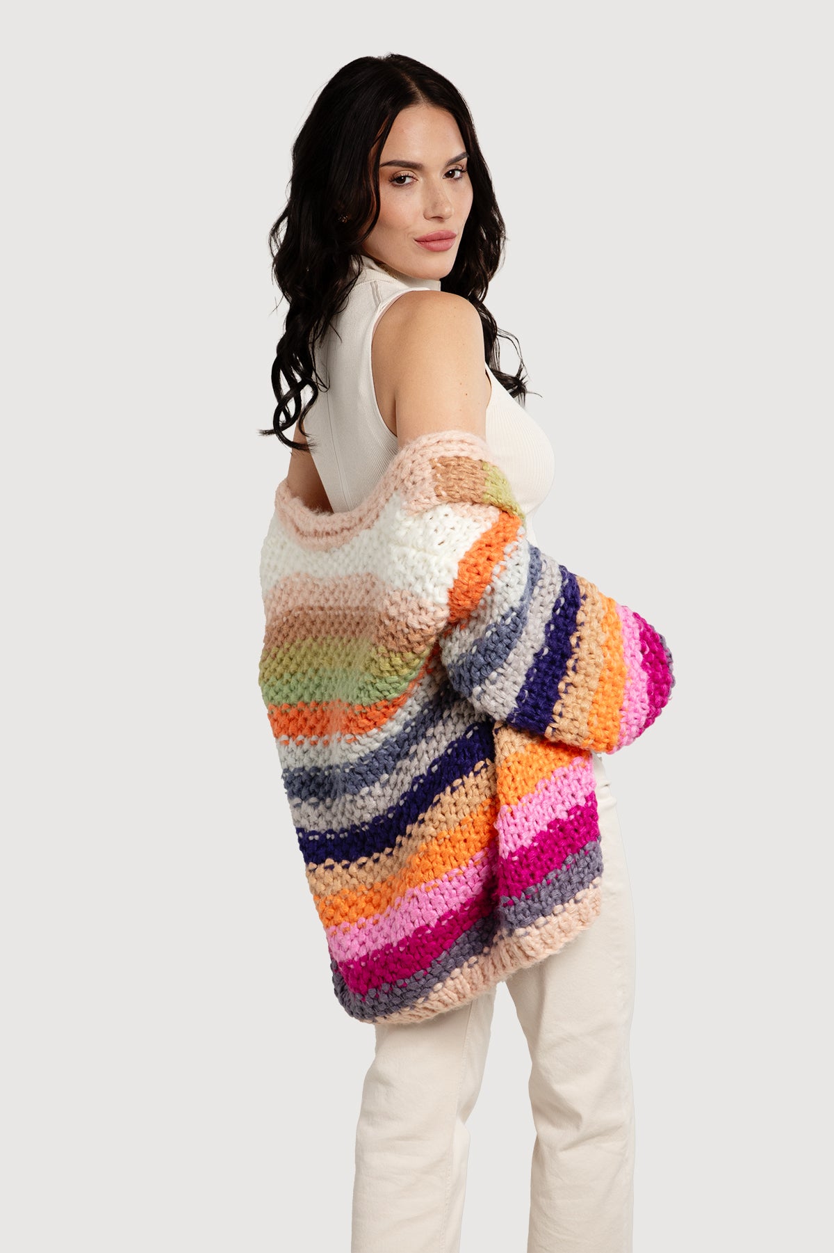 Rainbow Knitted Cardigan for Women - Soft Cozy Oversized Sweater - Perfect for Fall, Winter & Spring - Office, Casual & Home Wear