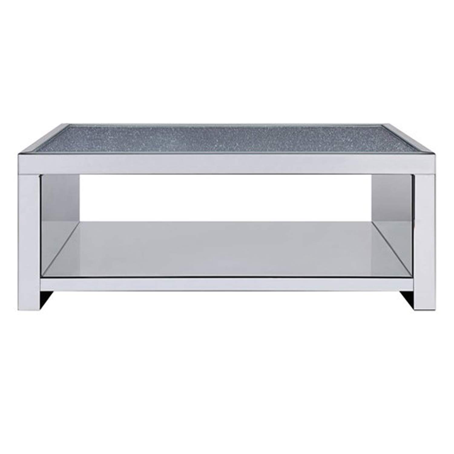 Benjara Modern Wood and Mirror Coffee Table with One Shelf - Clear Glass Top - Stylish Living Room Furniture for Home Decor