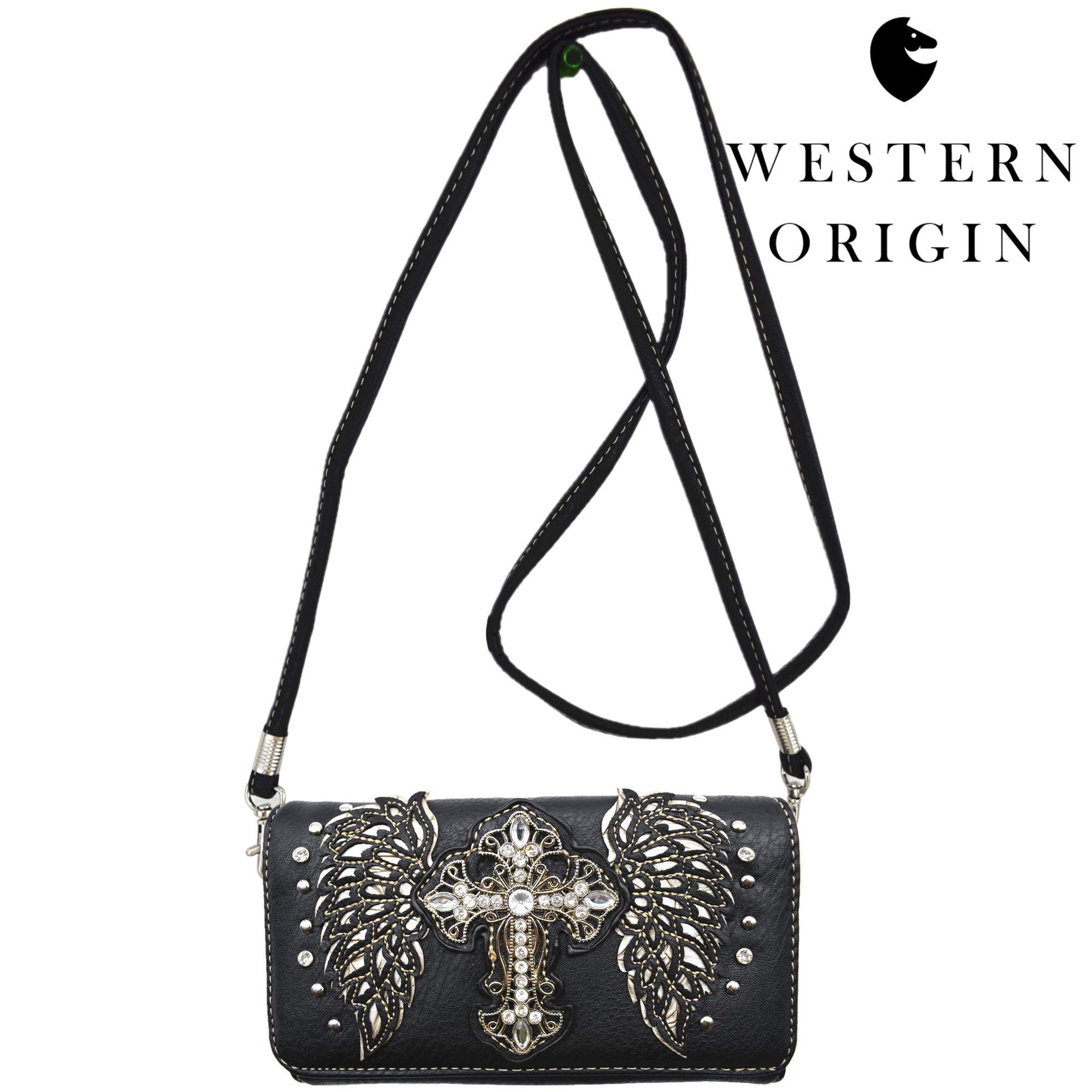 Western Style Rhinestone Cross Studded Leather Handbag for Women - Country Shoulder Bag & Wallet Set with Laser Cut Wings - Perfect for Church, Concerts, and Country Events