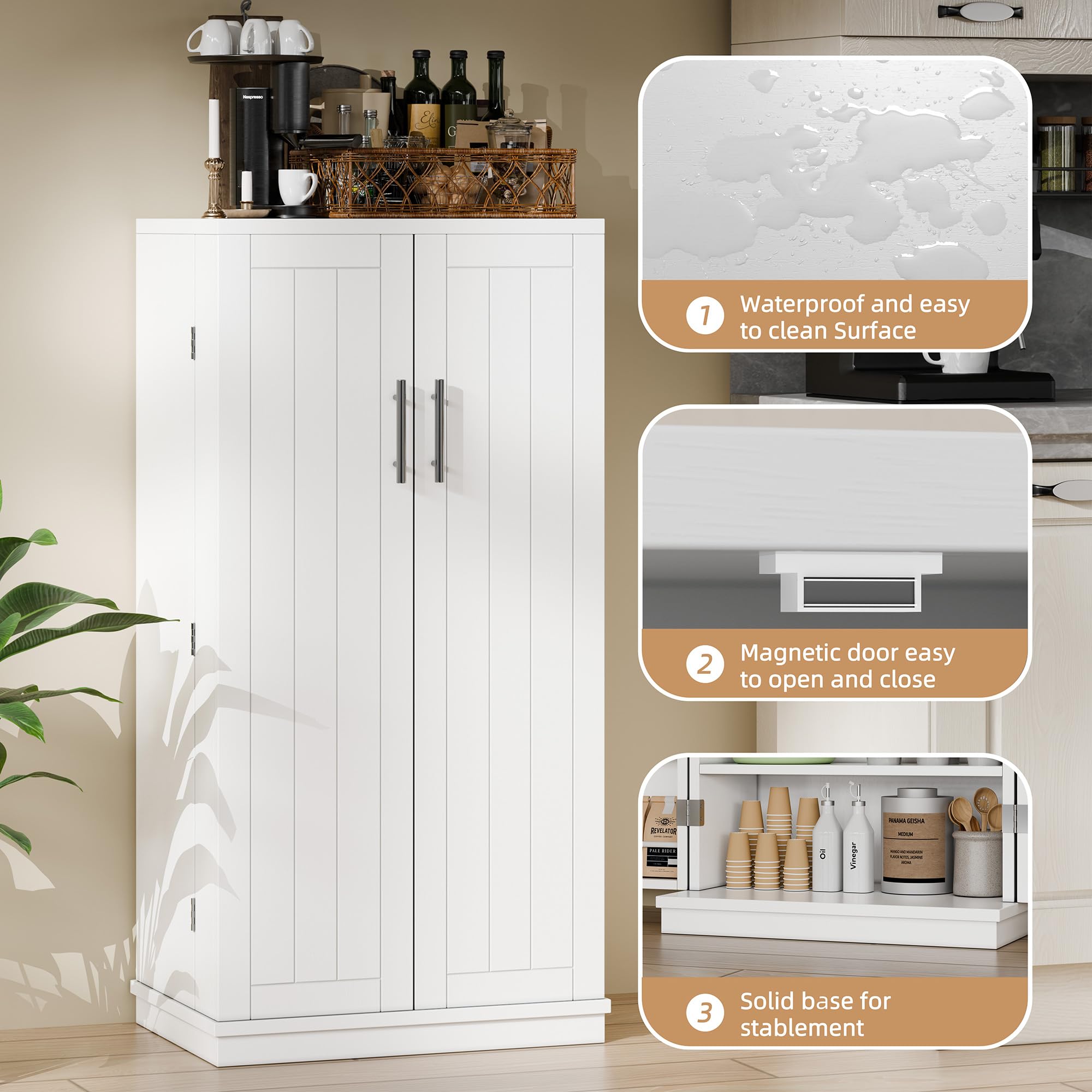 Shintenchi White Pantry Cabinet - Adjustable Shelves & Doors, Freestanding Kitchen Storage Cabinet, Buffet Sideboard for Dining Room or Living Room - Perfect for Organizing Dishes, Cookware & Kitchen Essentials