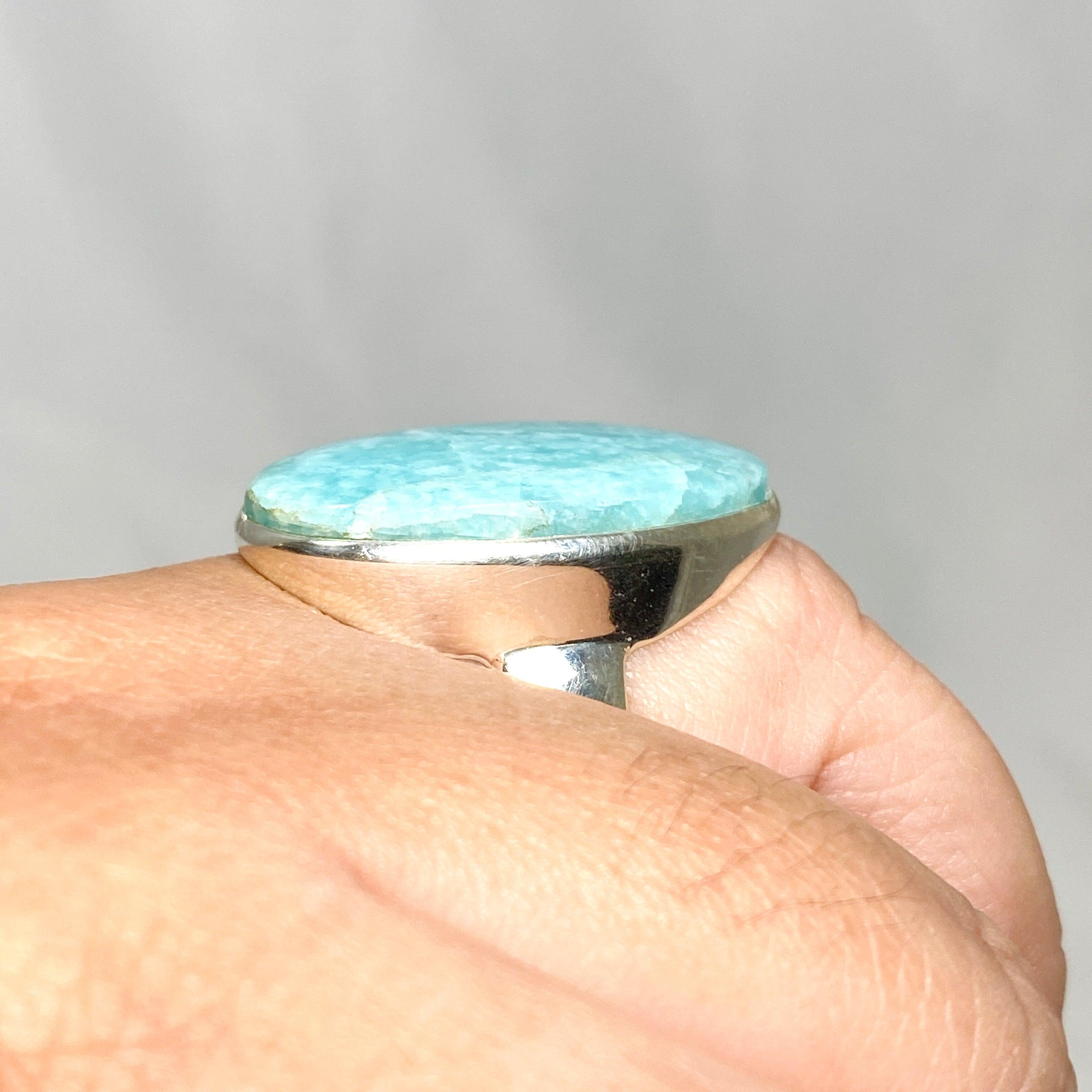 Amazonite Oval Ring Size 11 - Natural Stone Jewelry for Women, Sterling Silver Adjustable Band, Boho Chic Accessory - Perfect for Everyday Wear, Gift Giving & Special Occasions