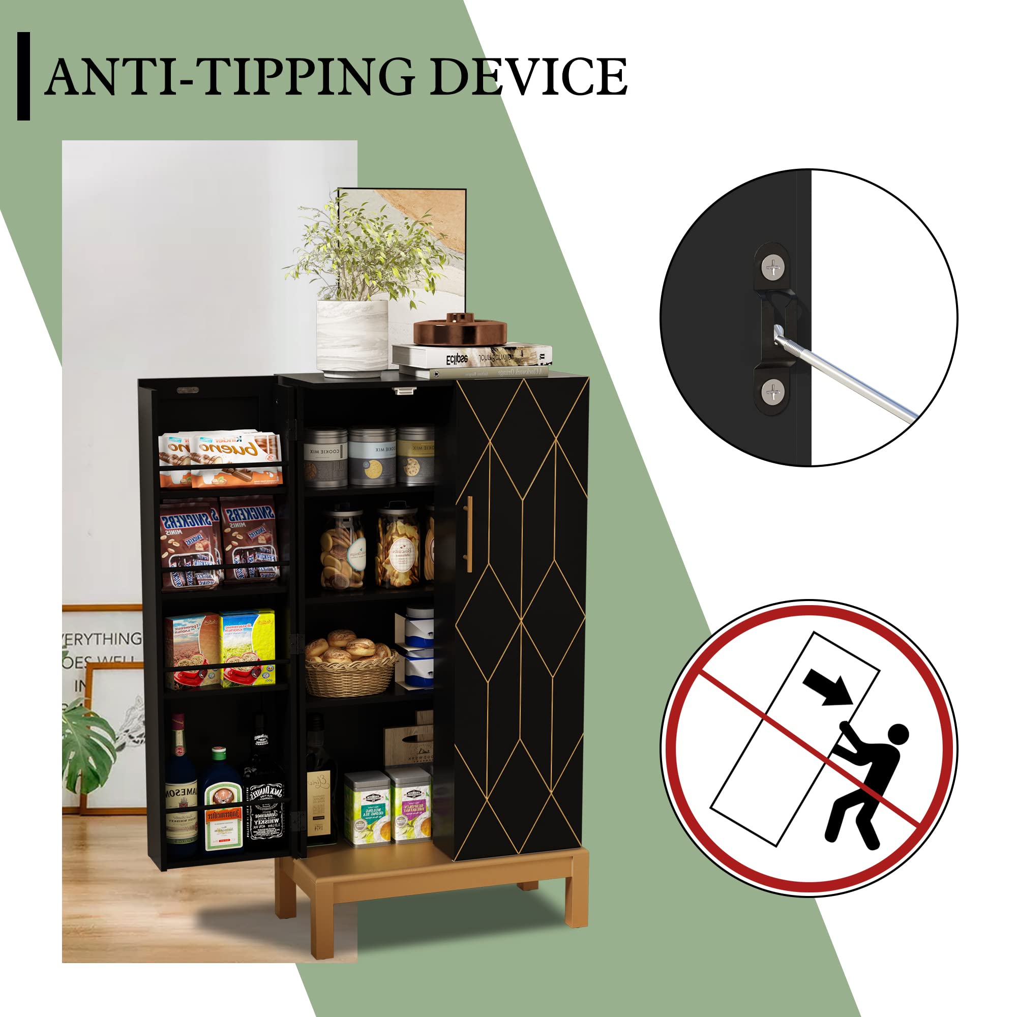 ARTPOWER 45-Inch Kitchen Pantry Cabinet with Gold Trim - Adjustable Shelves & Doors - Black Storage Cabinet with Gold Legs for Kitchen, Dining Room & Living Room - Perfect for Organizing Food, Dishes & Home Essentials