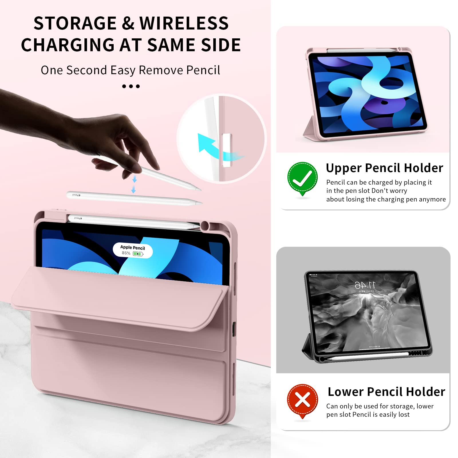 KenKe iPad Air 11 Inch Case (M2) - Compatible with iPad Air 5th/4th Gen 10.9 Inch | Built-in Apple Pencil Holder & Charging | Tri-fold Stand Cover with Auto Sleep/Wake | Protective Case for iPad Air 2024/2022/2020 | Pink - Perfect for Work, Study & Travel