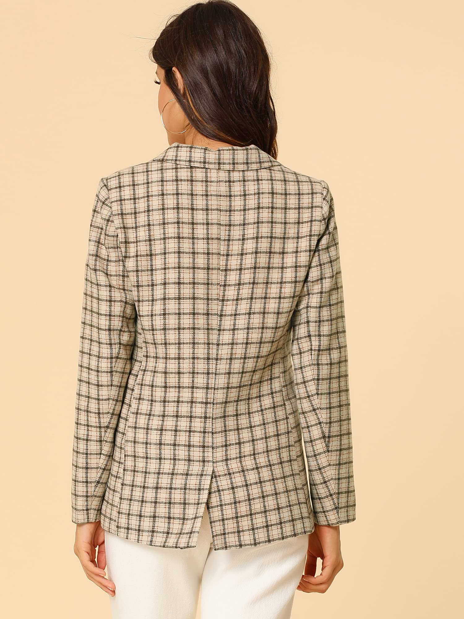 Allegra K Women's Notched Lapel Single Button Boyfriend Blazer Jacket - Plaid Suit Jacket for Office, Business & Casual Outfits