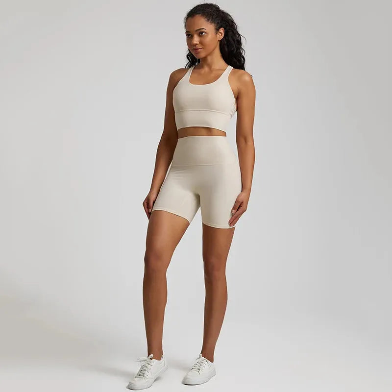 Buttery Soft 2-Piece Nylon Yoga Shorts Set for Women - High Waist Workout Clothes & Push Up Sports Bra - Perfect for Gym, Yoga & Running
