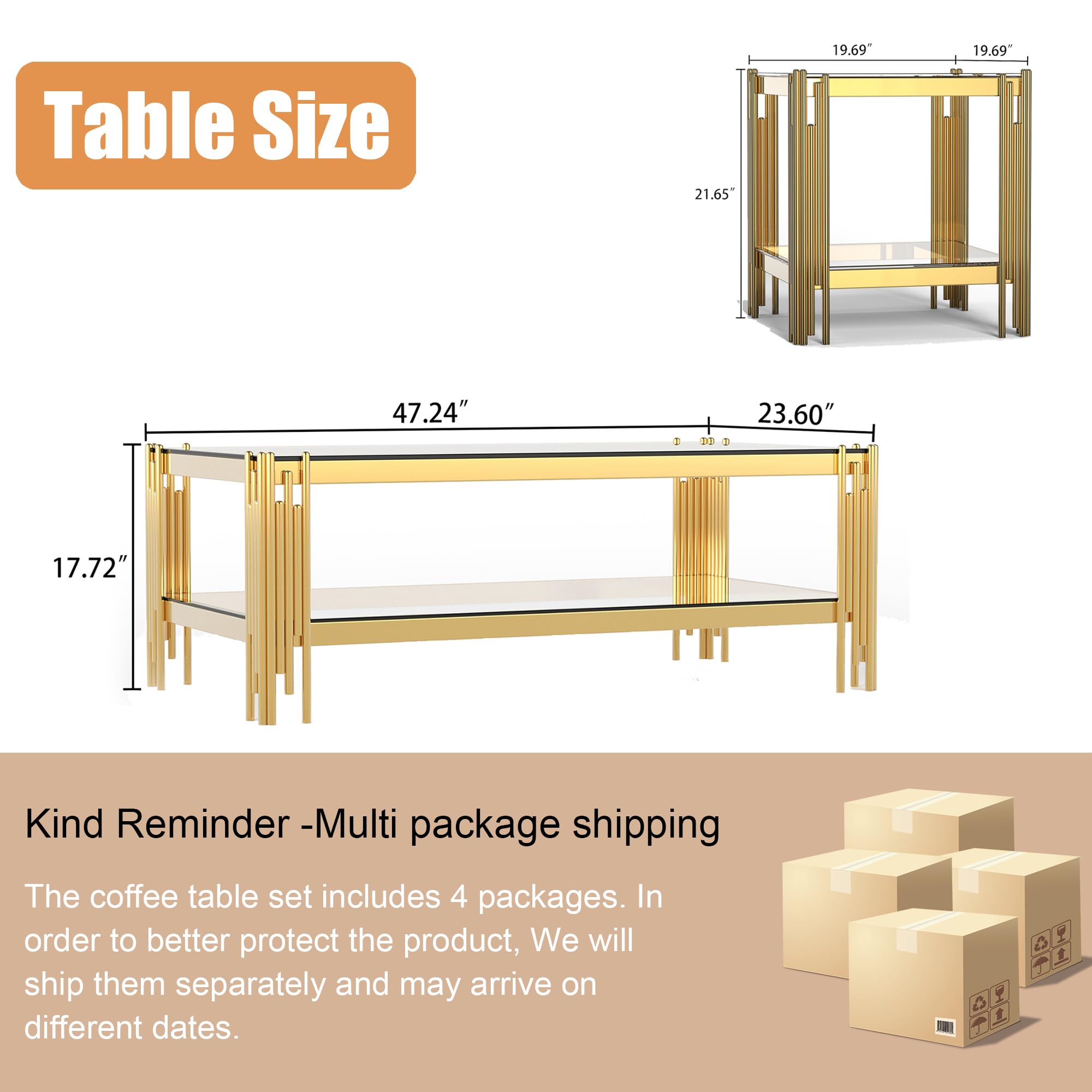Premium 3-Piece Glass Coffee Table Set - Gold Living Room Table with 2-Tier Design, Stainless Steel Legs & Tempered Glass - Perfect for Modern Living Rooms, Apartments & Lounge Areas