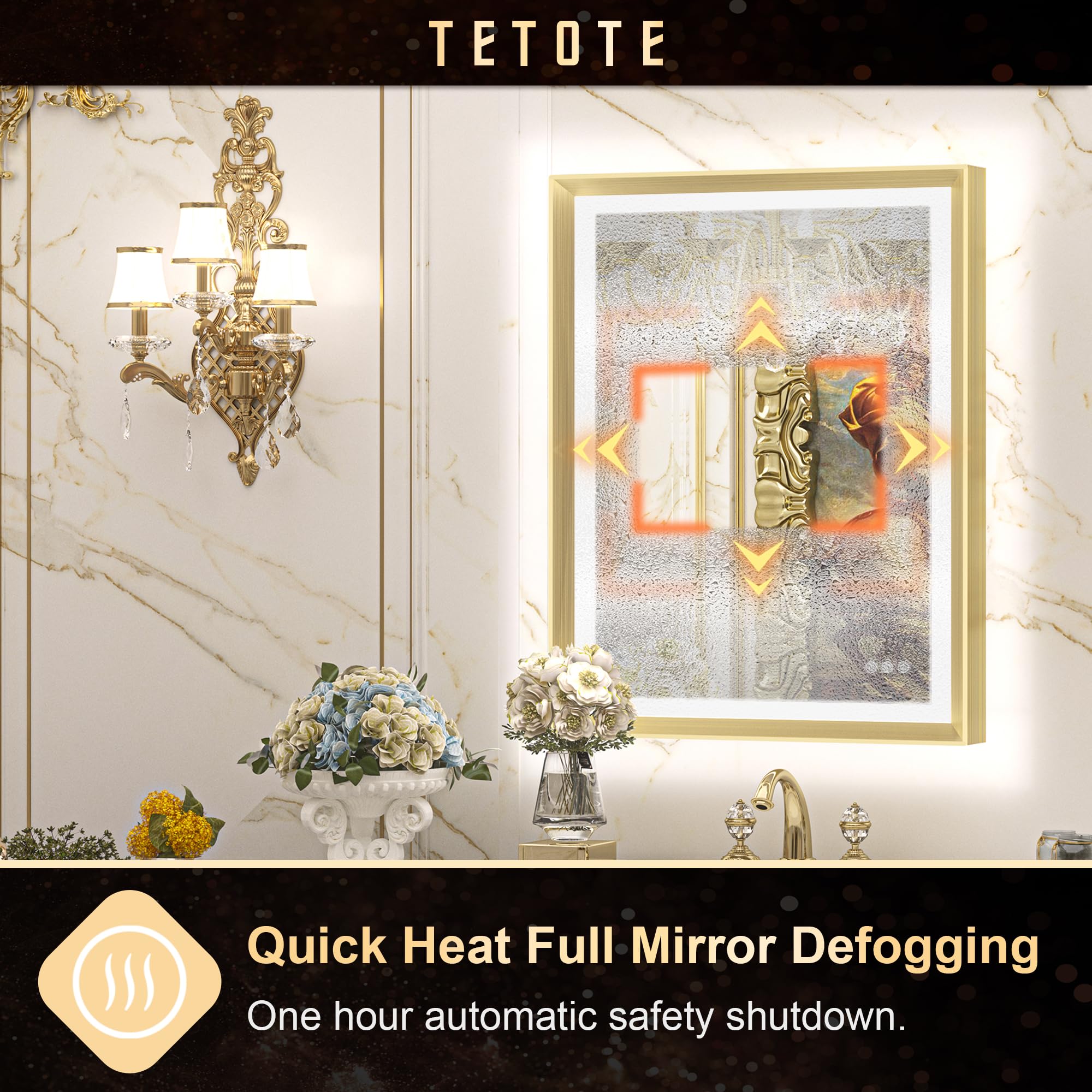 Gold LED Bathroom Mirror with Lights - 28x36 Inch Frontlit & Backlit Vanity Mirror, Baroque Style, Anti-Fog, Stepless Dimmable (White/Warm/Natural Light), CRI90+, Waterproof, Wall Mounted (Horizontal/Vertical) - Perfect for Makeup, Shaving & Home Decor