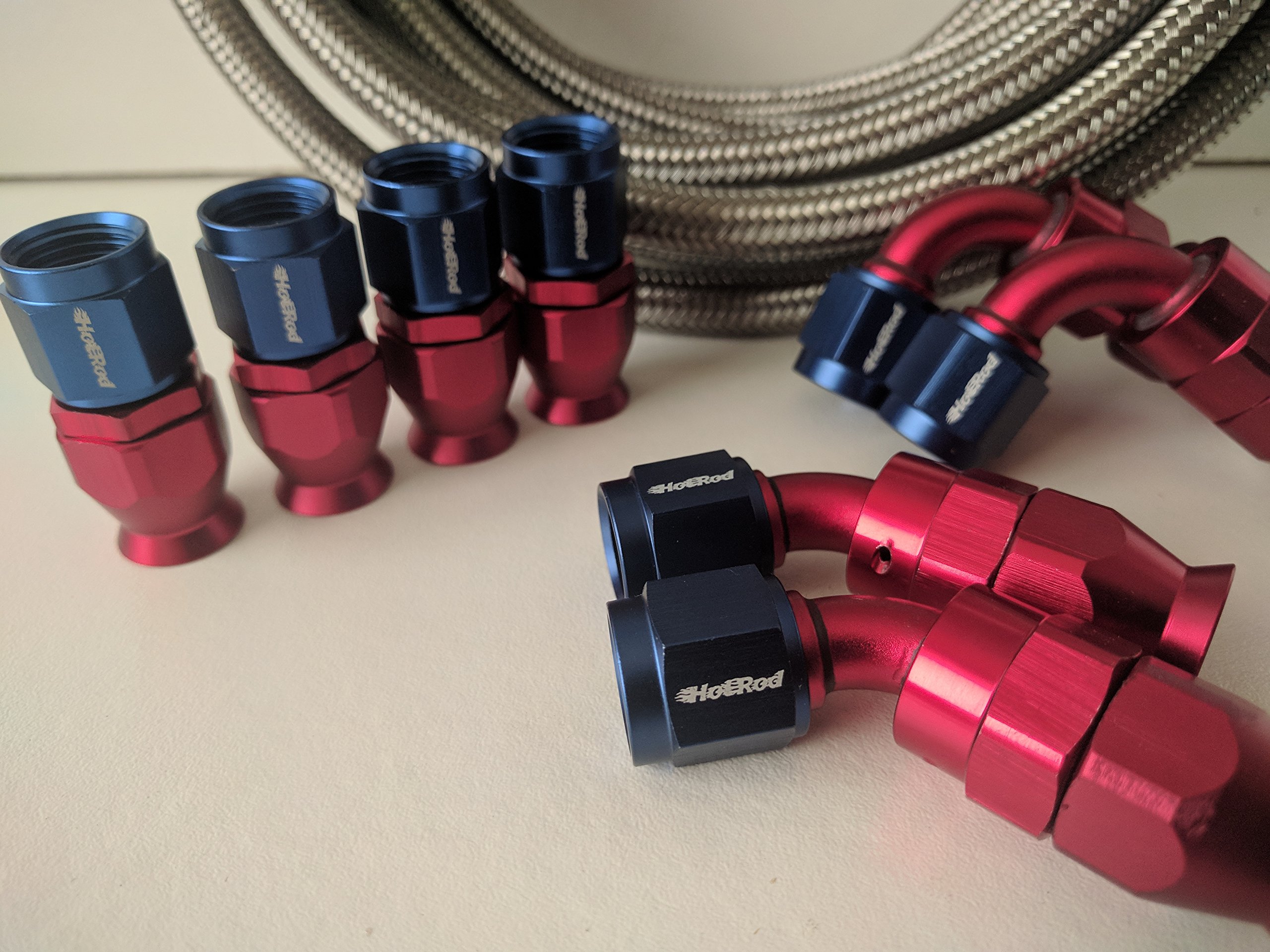 Premium AN6 PTFE Stainless Steel Hose with Blue & Red Fittings - High Performance Fuel/Oil Line Kit for Automotive, Racing & Marine Applications