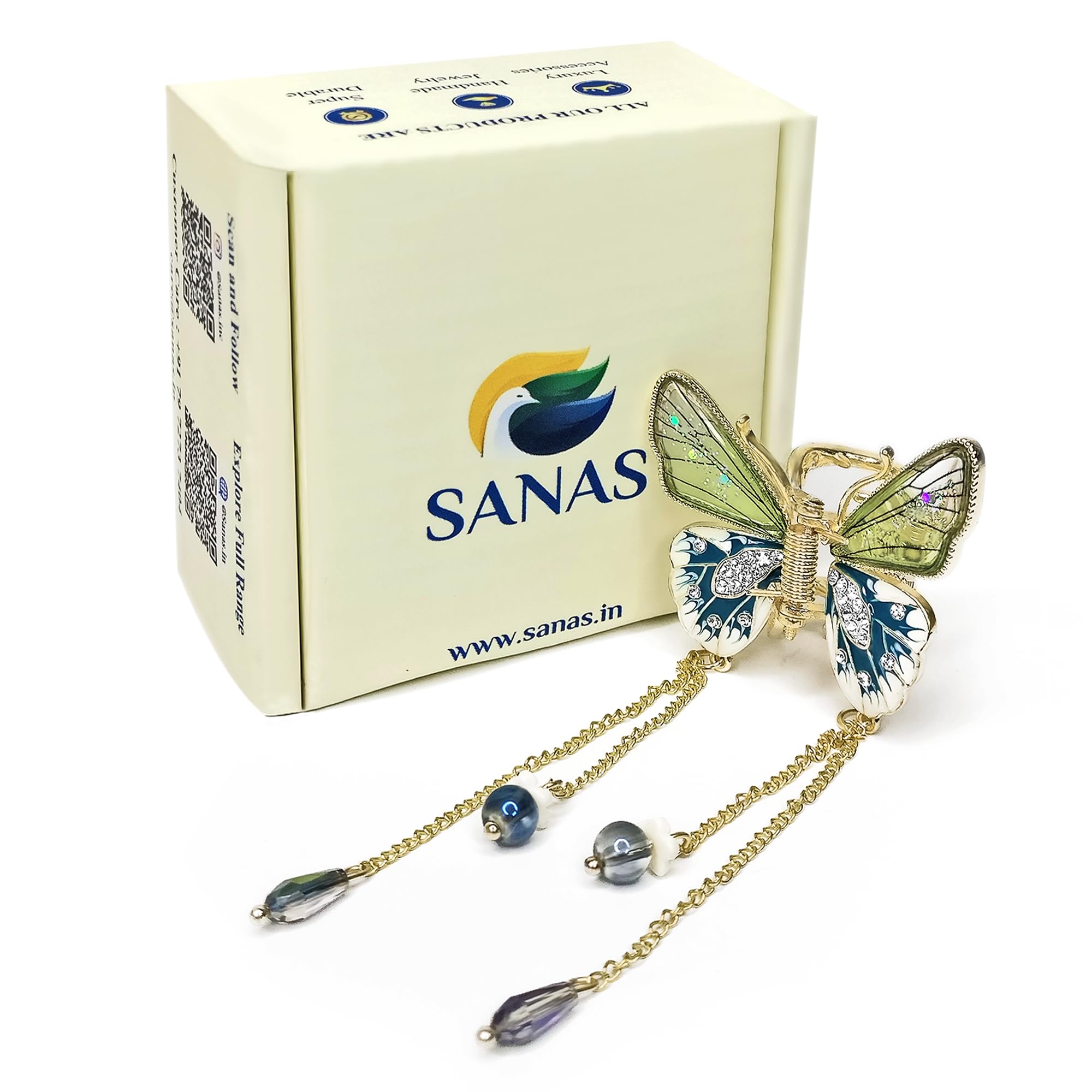 Sanas Rhinestone Butterfly Hair Clip for Women - Elegant Tassel Hair Accessory for Parties, Weddings & Everyday Style (White, 1Pc)
