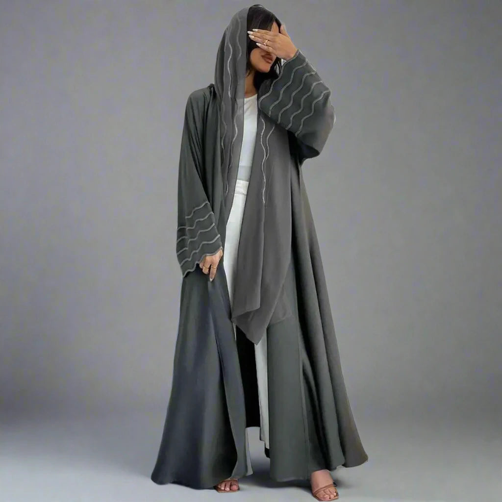 2 Piece Set Women's Embroidery Cardigan & Open Abaya Dress with Hijab Scarf - Modest Muslim Fashion for Prayer, Eid, and Special Occasions