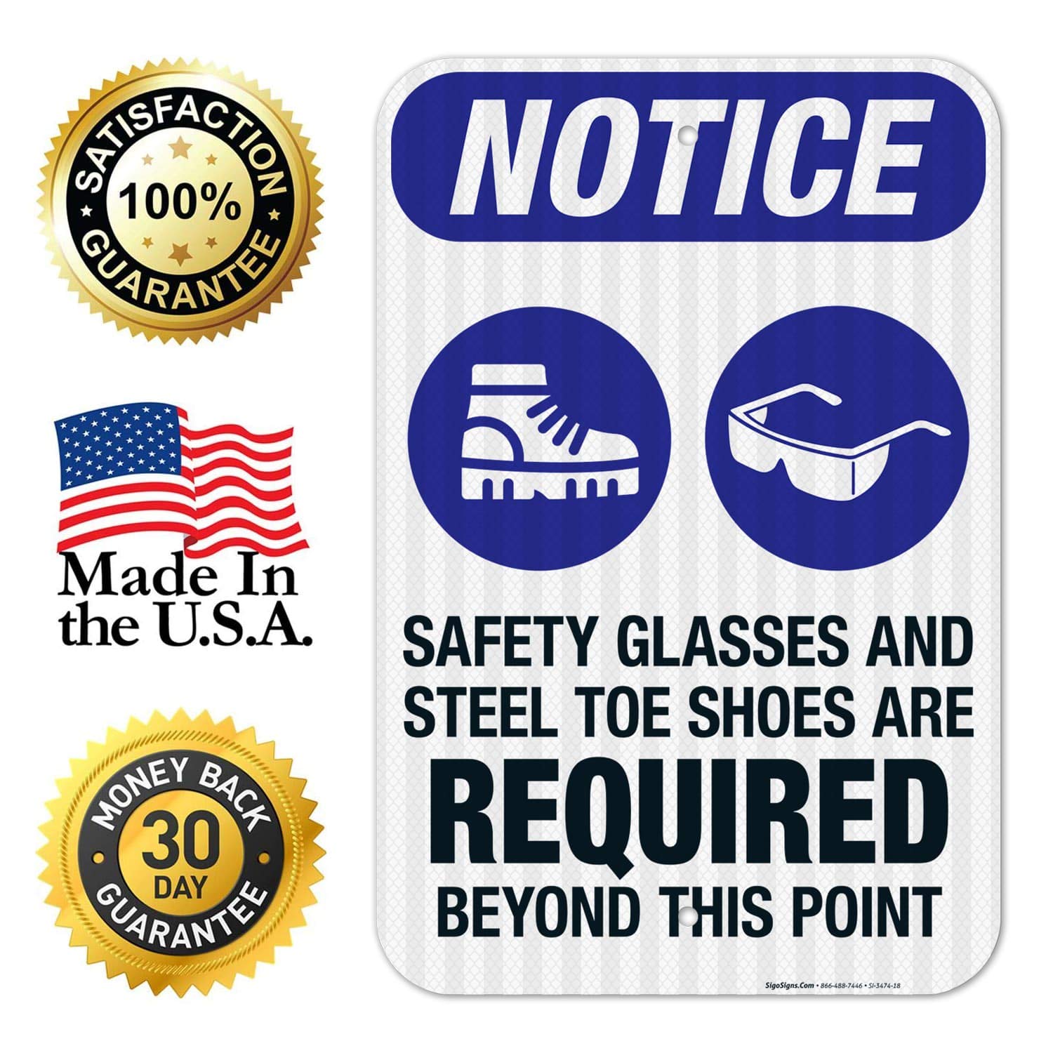 OSHA Safety Sign - 'Safety Glasses & Steel Toe Shoes Required Beyond This Point' - 12x18 Inches, 3M EGP Reflective .063 Aluminum, Fade Resistant - Indoor/Outdoor Use - Made in USA - Perfect for Construction Sites, Factories & Industrial Areas