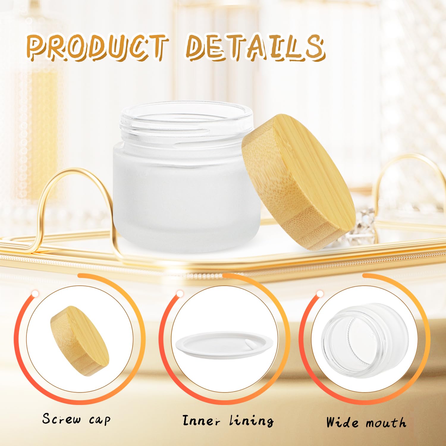 6-Piece 60g Frosted Glass Cosmetic Jars with Bamboo Lids - Travel-Size Cream Containers for Essential Oils, Powder, Lotion & Ointments - Perfect for DIY Skincare, Facial Scrubs & On-The-Go Beauty Routine