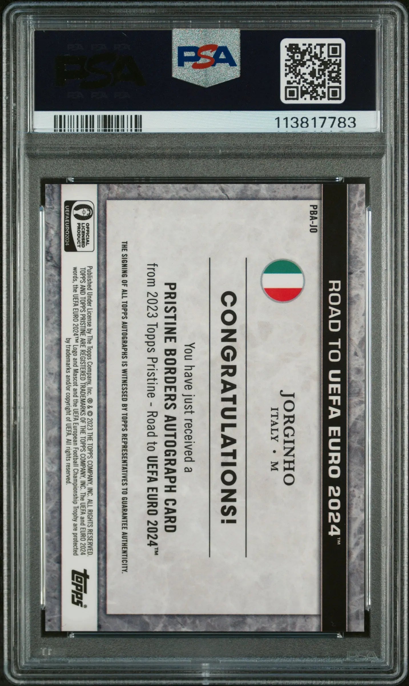 2023 Topps Pristine UEFA Euro 2024 Road to Borders Jorginho Gold Autograph PSA 9 /50 - Rare Soccer Trading Card for Collectors & Sports Fans