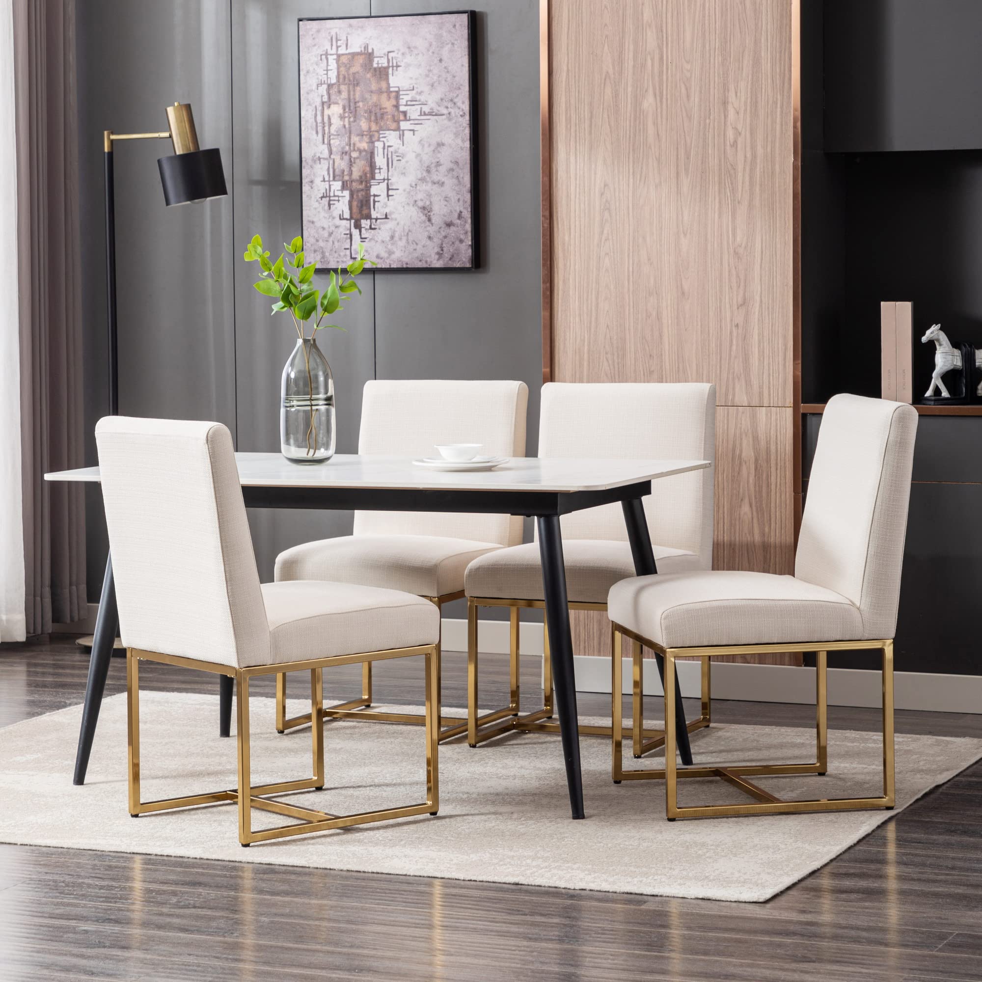 Modern Fabric Dining Chairs Set of 2 - Linen Upholstered Mid Century Armless Kitchen Chairs with Golden Legs for Dining Room, Beige - Perfect for Small Spaces, Breakfast Nooks & Contemporary Home Decor
