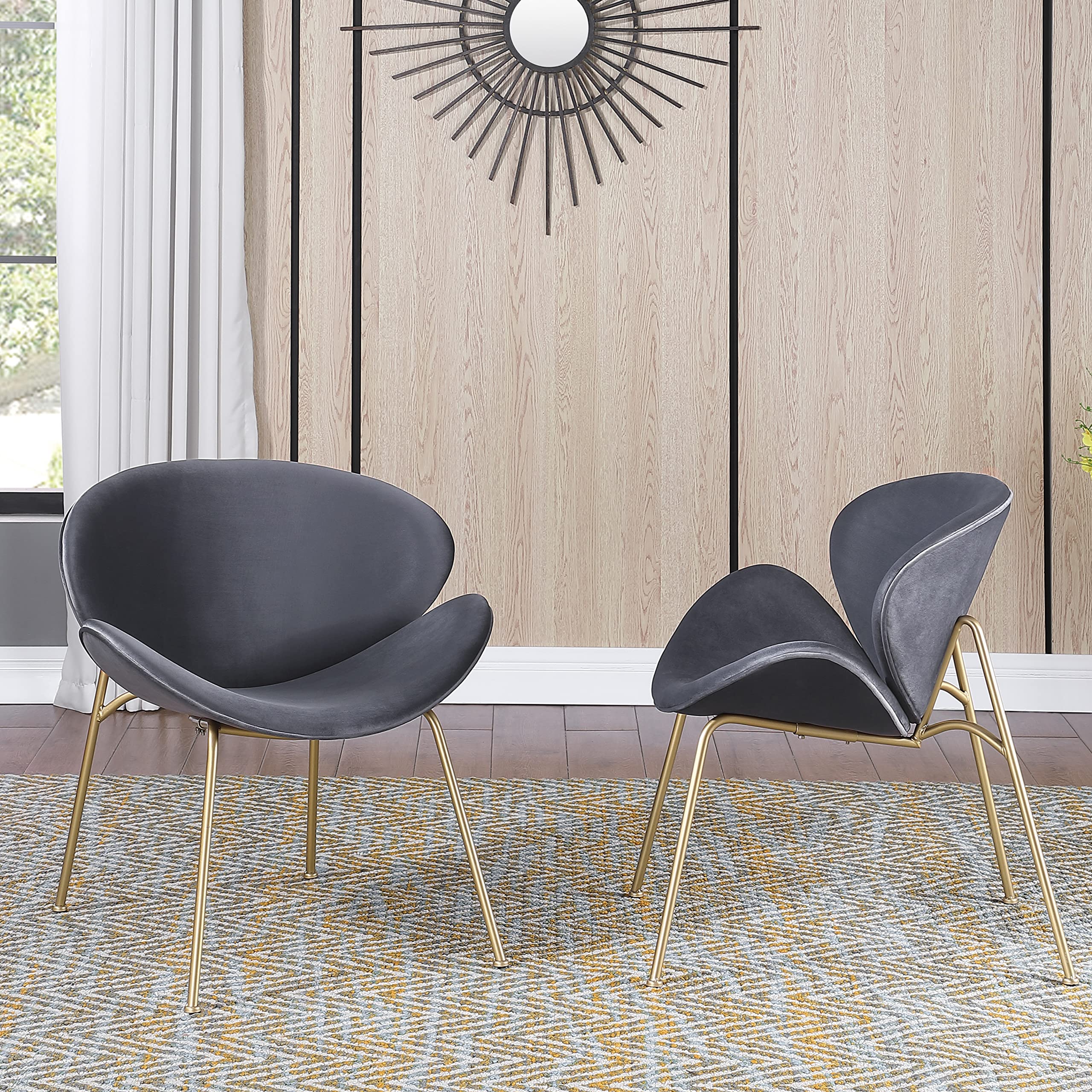 Yoluckea Velvet Vanity Chair Set of 2 - Modern Upholstered Living Room Chairs with Gold Metal Legs, Elegant Makeup Desk & Dining Side Chair with Arced Seat & Back - Perfect for Bedroom, Kitchen, Dining Room & Home Office Decor (Grey)