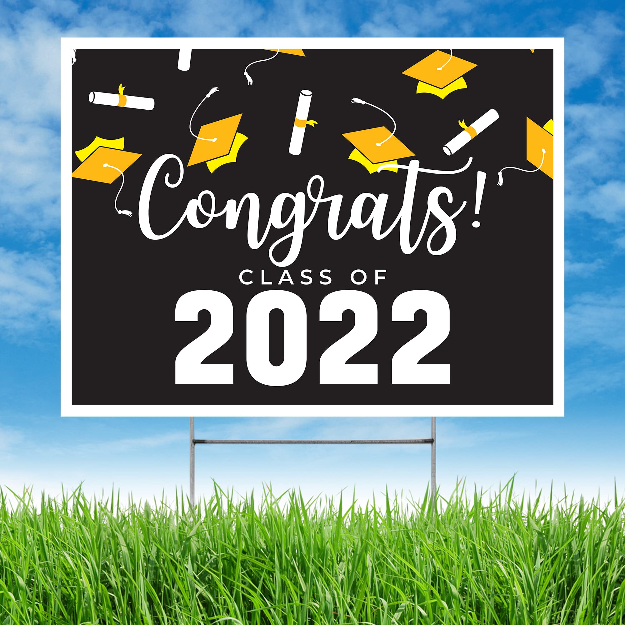 Graduation Yard Sign - Congrats Hats Yellow Note Card Café | 24x18 Inch Weatherproof Lawn Sign | Front & Back Printed | Includes H-Stake | Made in USA | Perfect for Outdoor Graduation Parties, Backyard Decor, Patio Celebrations