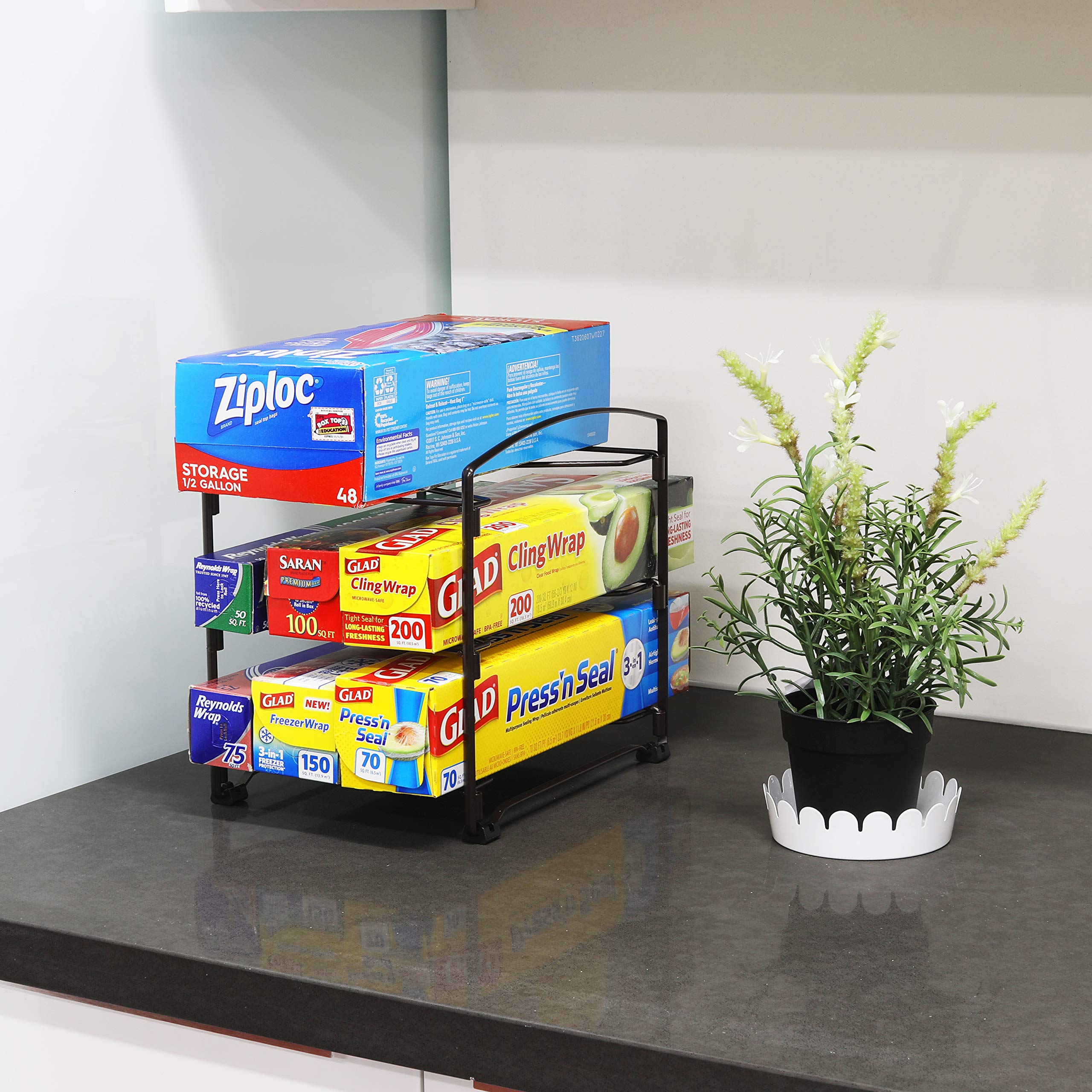 Bronze Kitchen Wrap Organizer Rack - Space Saving Foil, Plastic Wrap & Parchment Paper Holder for Pantry, Cabinet or Countertop Storage