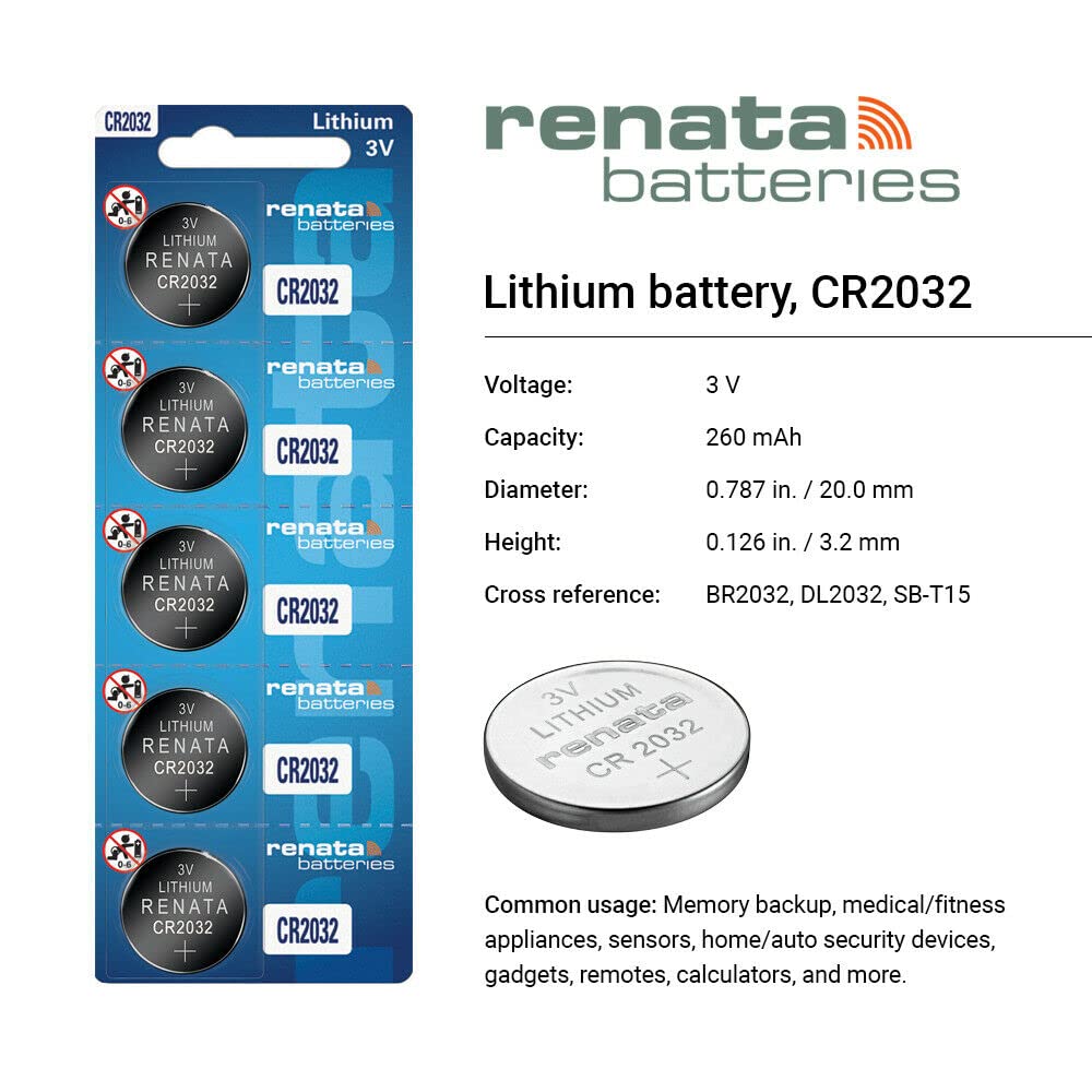 Renata CR2032 3V Lithium Coin Cell Batteries (2-Pack) - Long-Lasting Power for Watches, Key Fobs, Calculators & Medical Devices