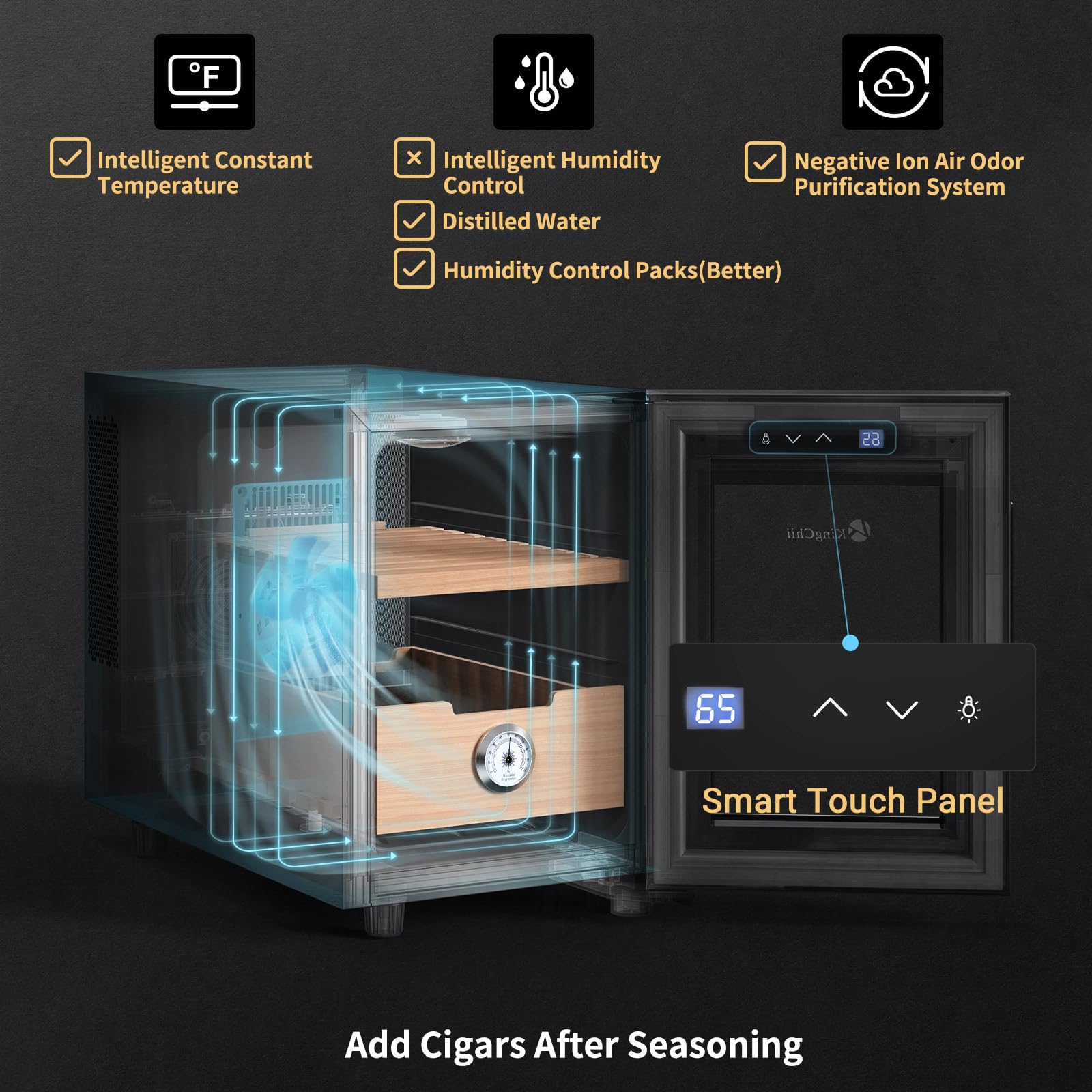 KingChii 16L Electric Cigar Humidor Cabinet with Temperature Control - Spanish Cedar Wood Shelves & Drawer Hygrometer - 100 Cigar Capacity - Perfect Gift for Men - Ideal for Home, Office & Cigar Collection Storage