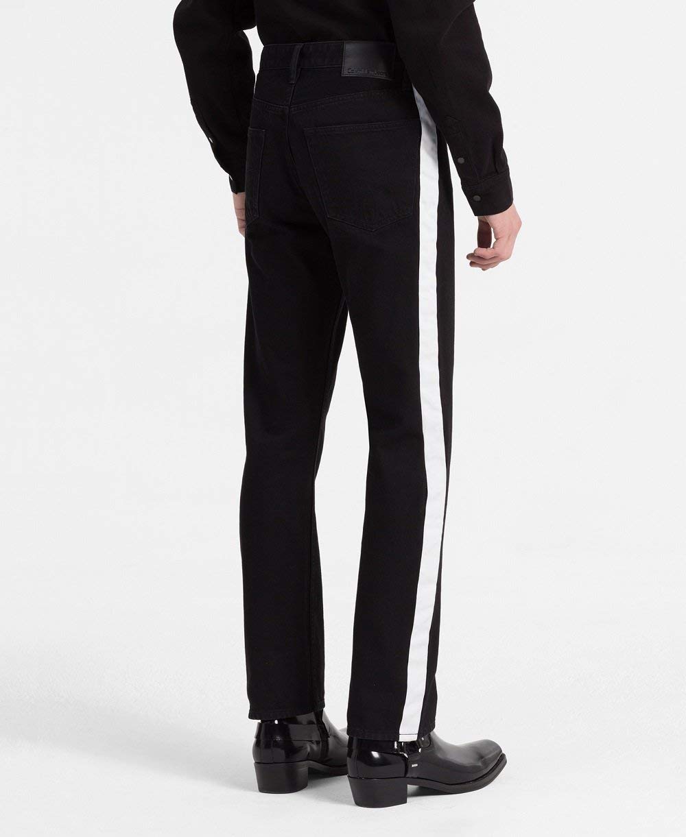 Calvin Klein Jeans Men's High Rise Straight Fit Black Denim Pants with White Stripe - 32x32 Size, Classic Casual & Office Wear for Everyday Style