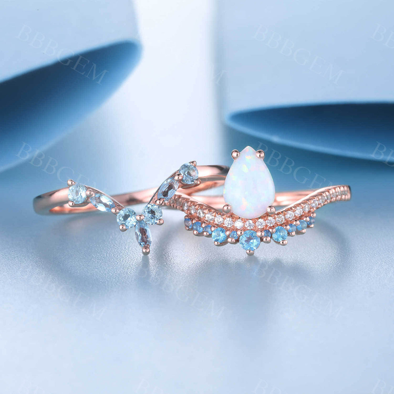 Vintage Opal Engagement Ring Set in Rose Gold with Blue Topaz Stacking Band - Unique Curved Wedding Bridal Jewelry Set for Proposal, Anniversary & Special Occasions