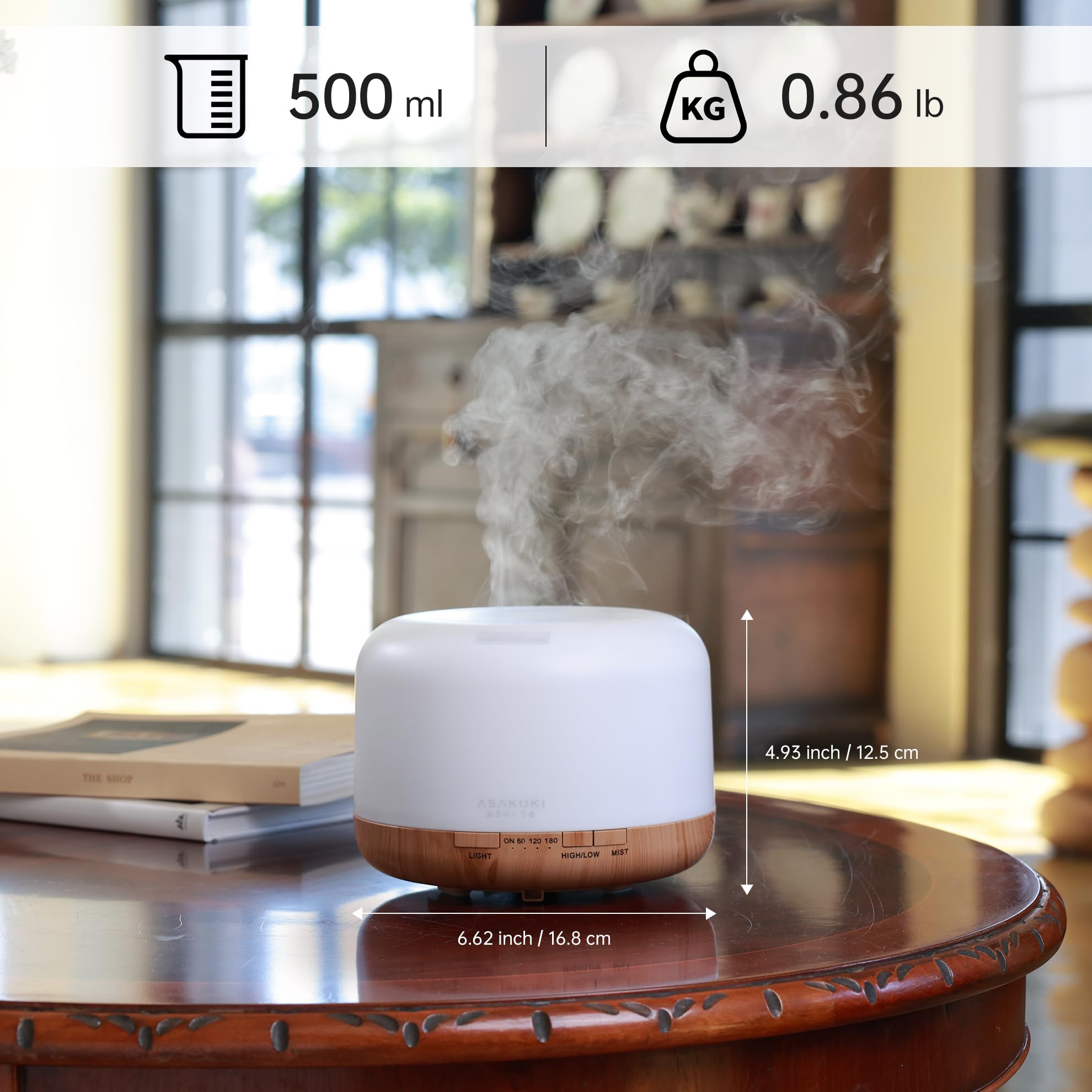 ASAKUKI 500ml Premium Essential Oil Diffuser with Remote Control - 5-in-1 Ultrasonic Aromatherapy Humidifier, Fragrance Vaporizer with Timer & Auto-Off - Perfect for Home, Office, Yoga & Spa Relaxation (Brown)