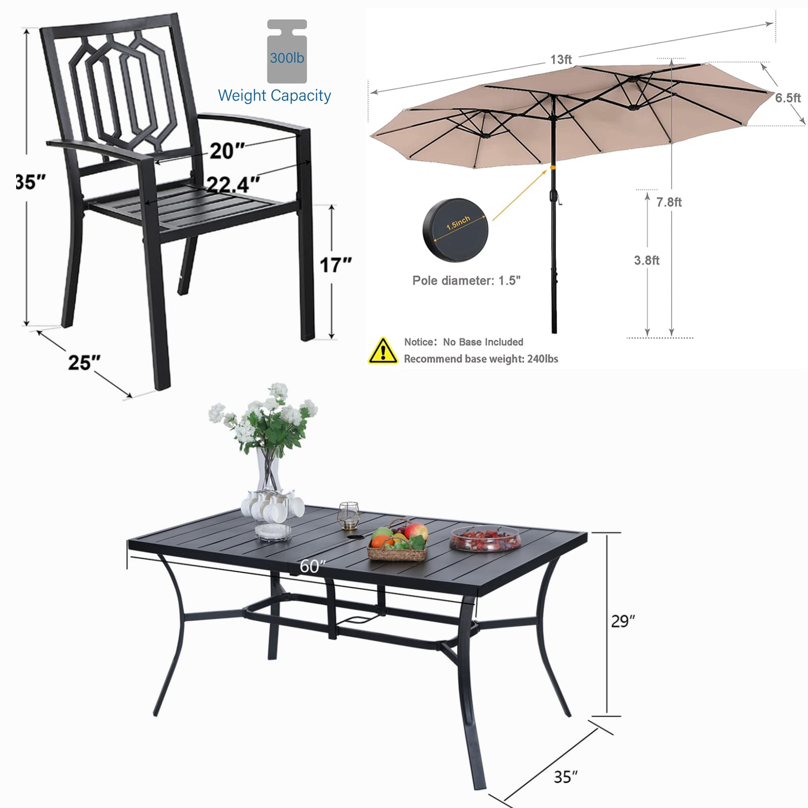 MFSTUDIO 8-Piece Outdoor Patio Dining Set with 4 Stackable Chairs, 2 Swivel Chairs, Rectangular Metal Table & 13ft Beige Umbrella (Base Not Included) - Perfect for Backyard BBQs, Poolside Gatherings & Garden Entertaining