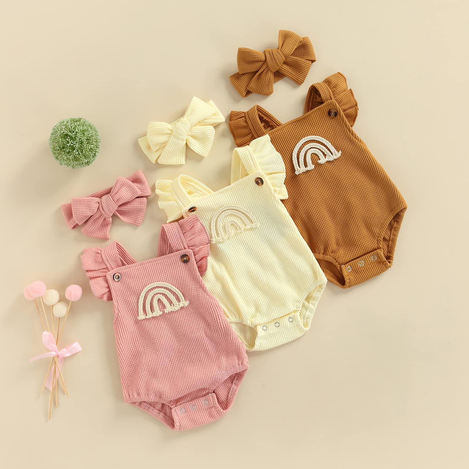 Douhoow Infant Baby Girl Rainbow Boho Ruffled Sleeveless Romper Outfit with Headband - Perfect for Summer Photoshoots, Beach Vacations & Special Occasions