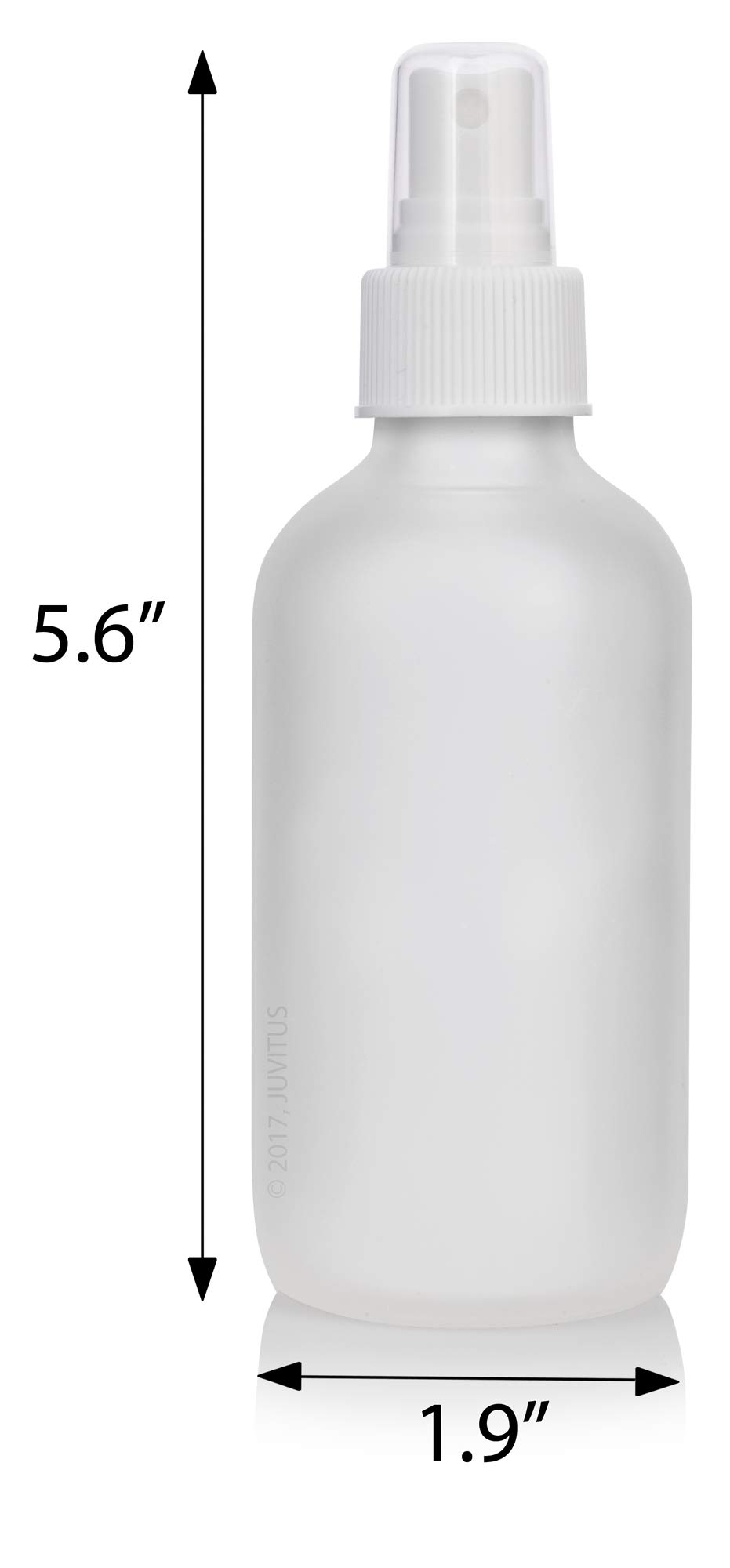 JUVITUS 4 oz Frosted Clear Glass Boston Round Bottle with White Fine Mist Sprayer (4 Pack) + Funnel - Perfect for Essential Oils, DIY Beauty Products & Travel Toiletries