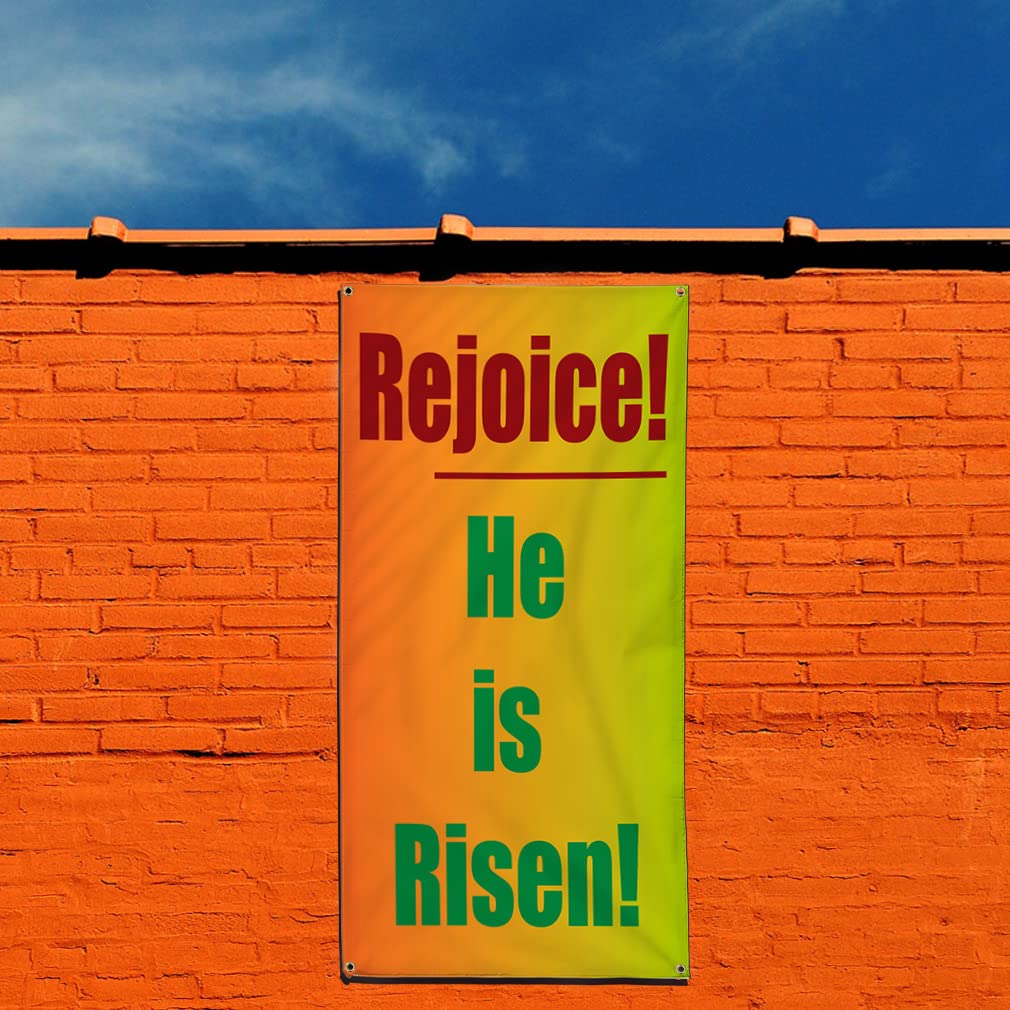 Vertical Vinyl Banner - Weatherproof Outdoor Religious Sign with 10 Grommets (144x60 Inches) - Easter Christ 'Rejoice He Is Risen' Inspiration - Perfect for Church Events, Yard Decor & Religious Celebrations