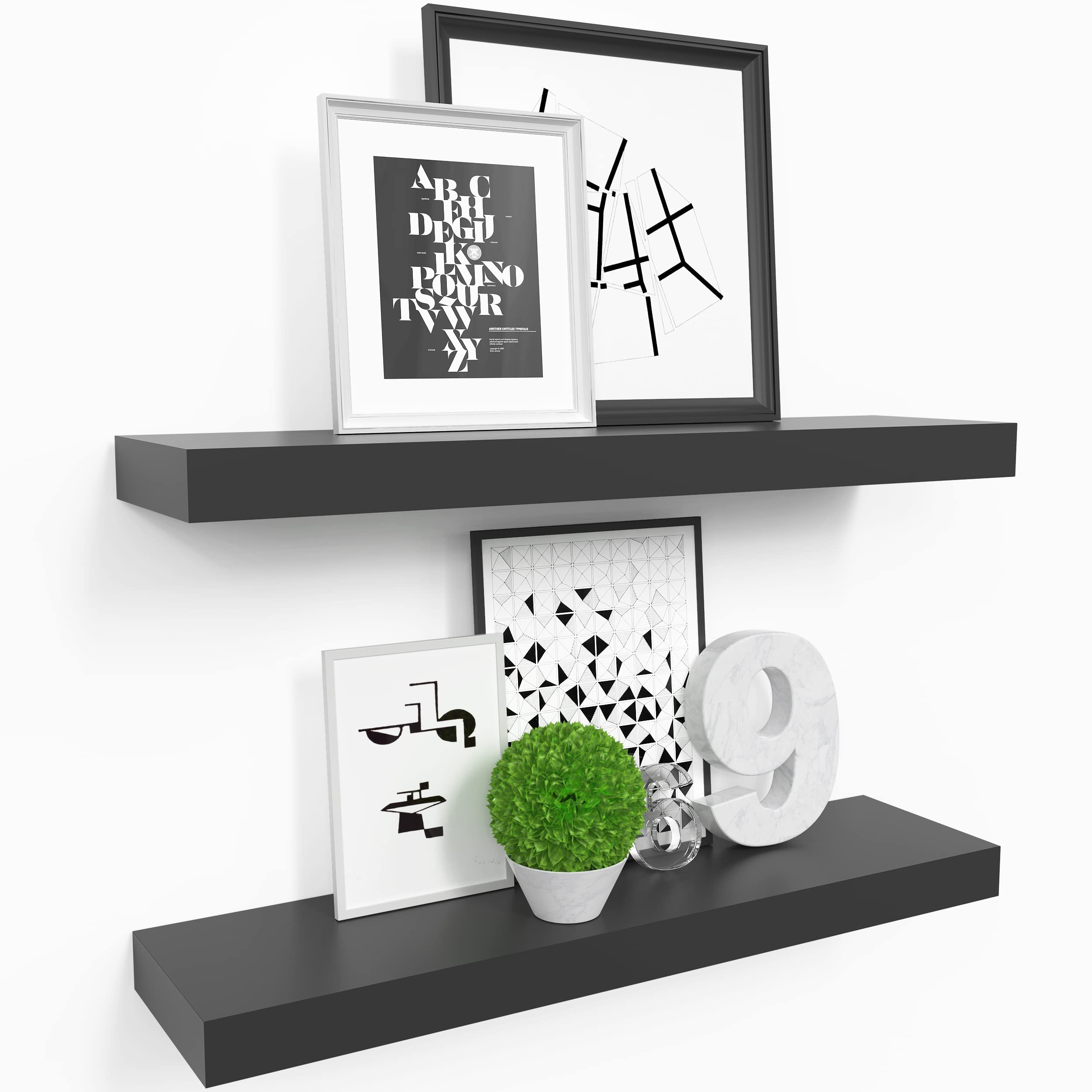 Ballucci Floating Book Shelves - 2-Pack 24 Inch Wooden Wall Mounted Shelves with Hidden Brackets for Home Decor - Perfect for Living Room, Bedroom, Bathroom, Kitchen & Nursery - 6 Inch Depth in Black - Ideal for Displaying Books, Photos & Decorative Items
