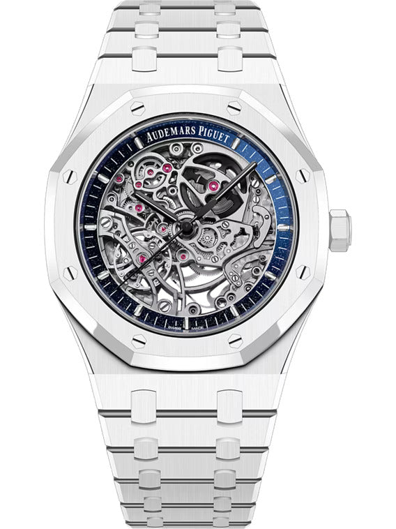 Audemars Piguet Royal Oak 15416CB.OO.1225CB.01 41mm White Ceramic Watch with Blue Aventurine Openworked Dial, Double Balance Wheel & Ceramic Bracelet | Luxury Men's Dress Watch for Business, Gala & Special Occasions
