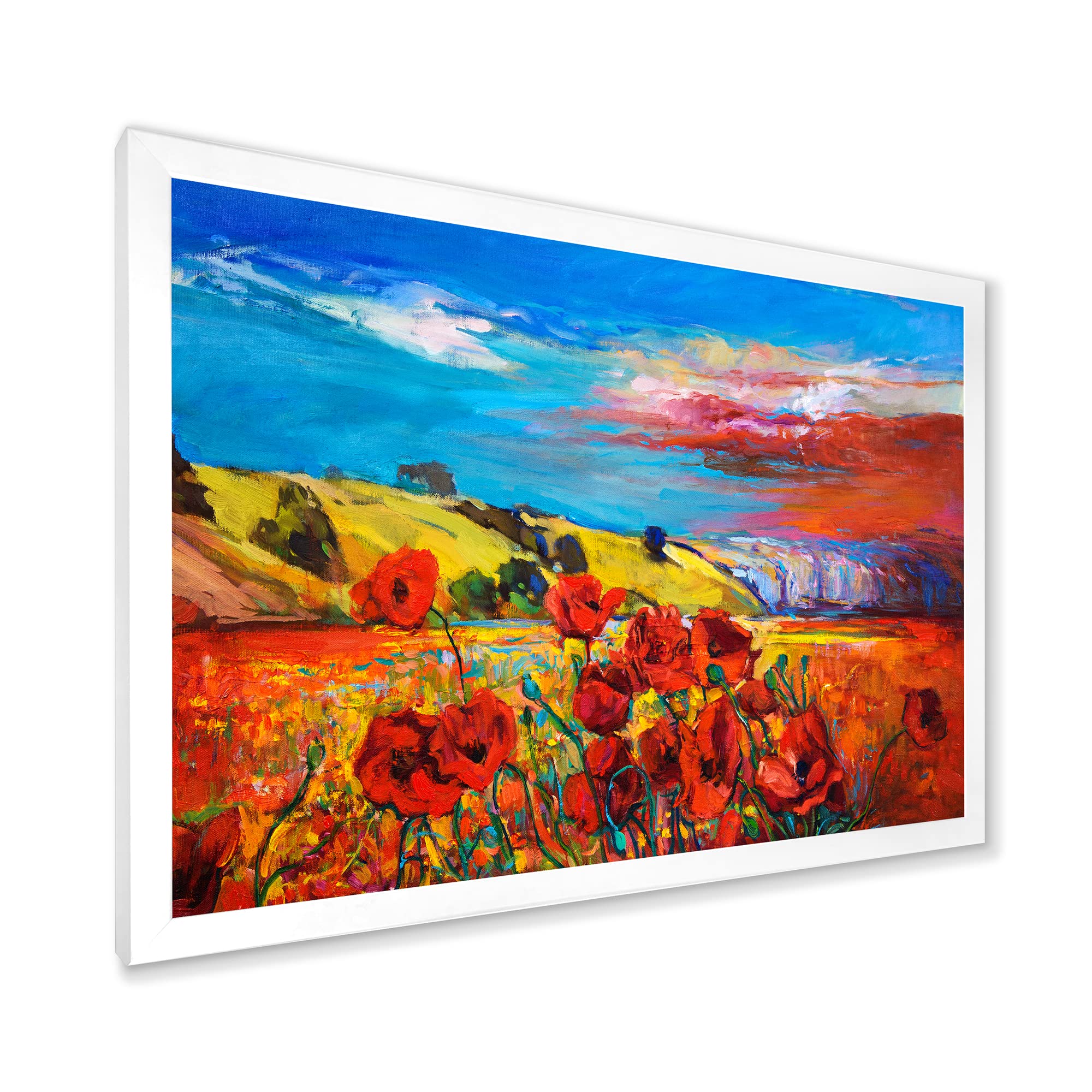 Traditional Framed Wall Art - Red Poppy Fields Under Blue Sky | Home & Office Decor | Perfect for Living Room, Bedroom, or Office