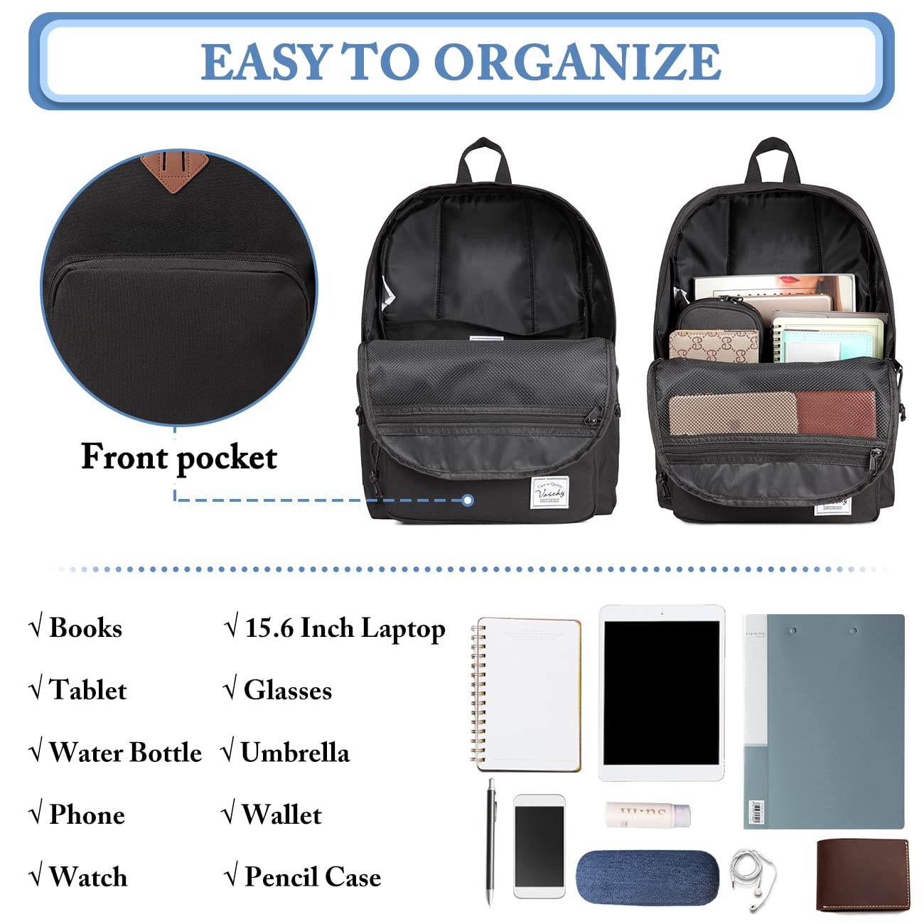 VASCHY Ultra Lightweight School Backpack for Men, Women, Teens & Kids - Durable Bookbag for College, High School & Travel - Black (Perfect for Students, Commuters & Everyday Use)